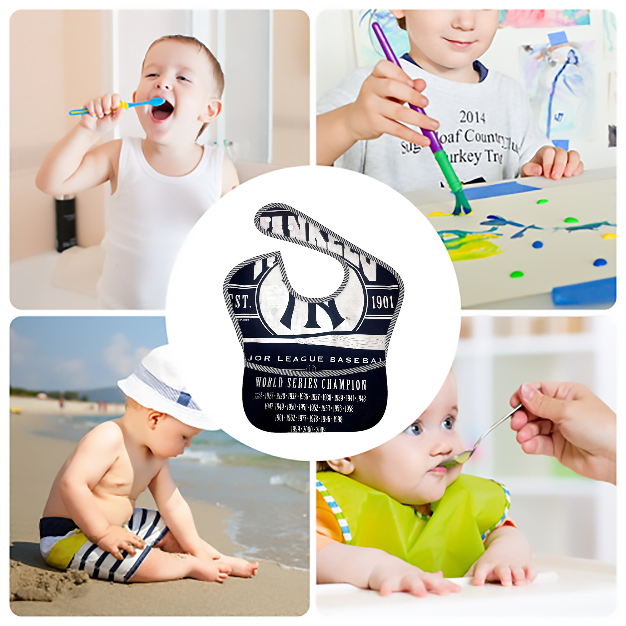 New York Yankees 211 Adjustable Waterproof Toddler Bib – Full-Print Durable Polyester – Foldable Crumb Pocket – Easy Snap Closure – Soft