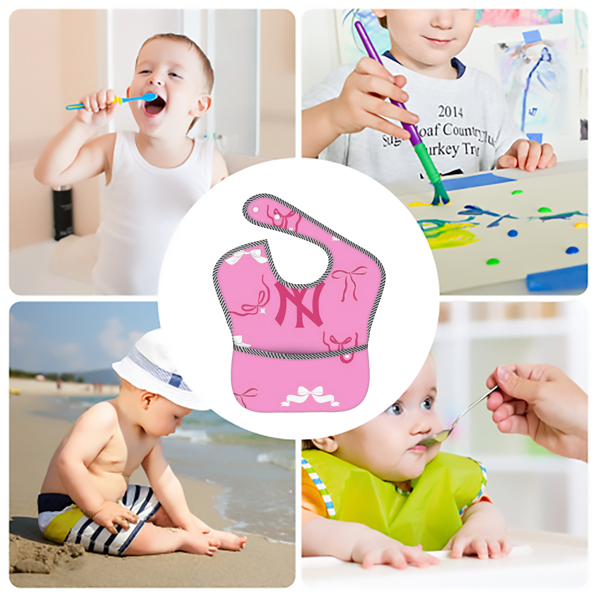 New York Yankees 220 Adjustable Waterproof Toddler Bib – Full-Print Durable Polyester – Foldable Crumb Pocket – Easy Snap Closure – Soft