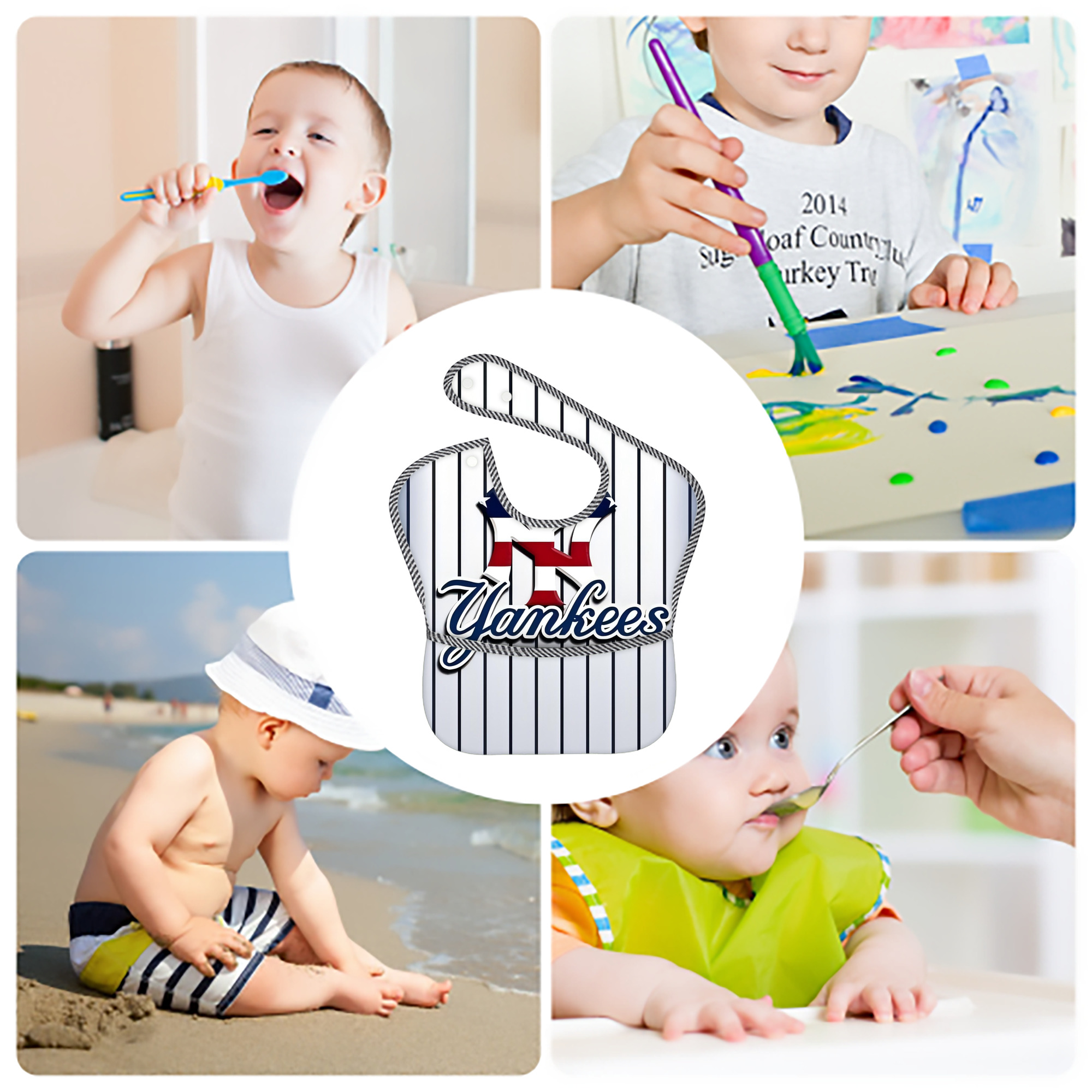 New York Yankees 227 Adjustable Waterproof Toddler Bib – Full-Print Durable Polyester – Foldable Crumb Pocket – Easy Snap Closure – Soft
