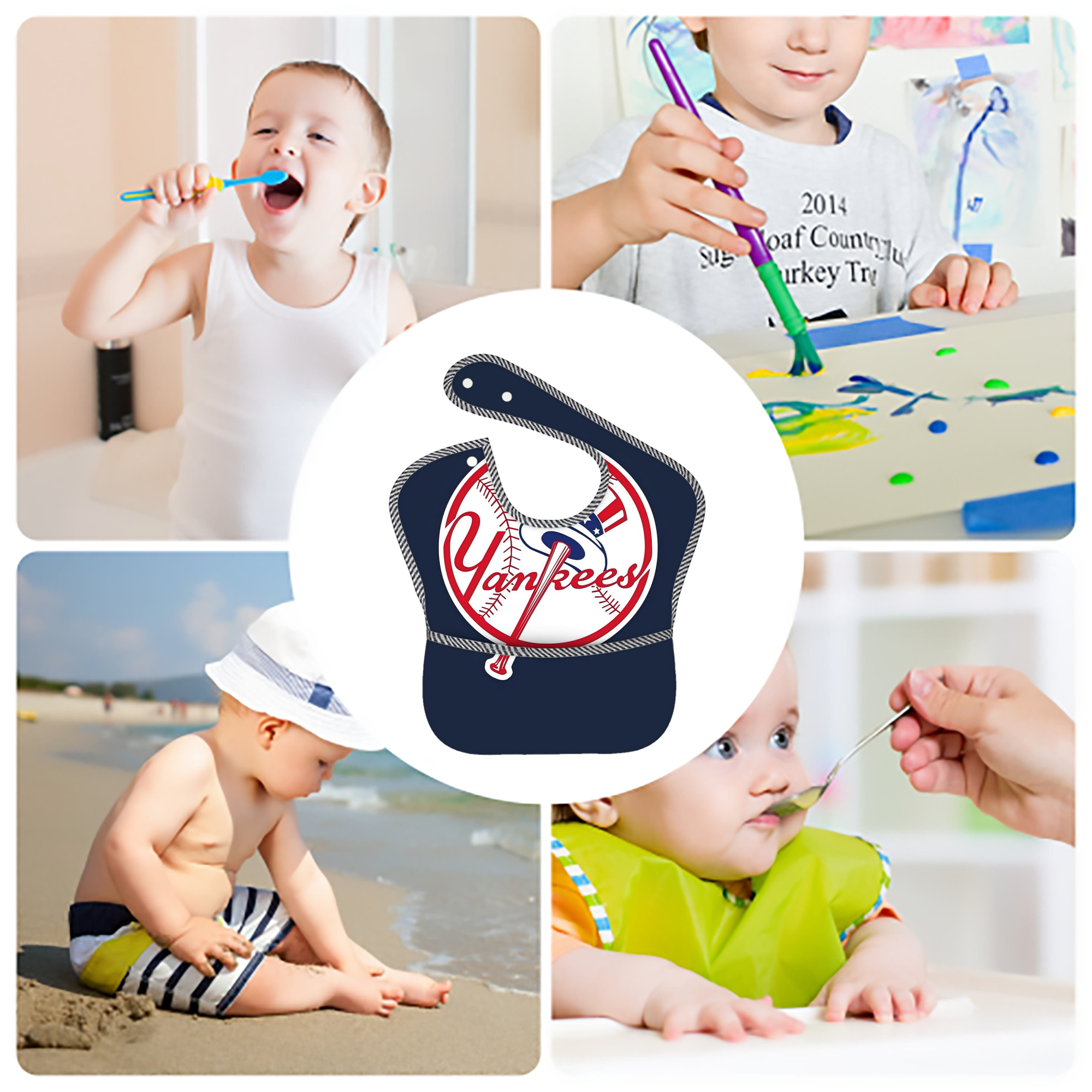 New York Yankees 216 Adjustable Waterproof Toddler Bib – Full-Print Durable Polyester – Foldable Crumb Pocket – Easy Snap Closure – Soft