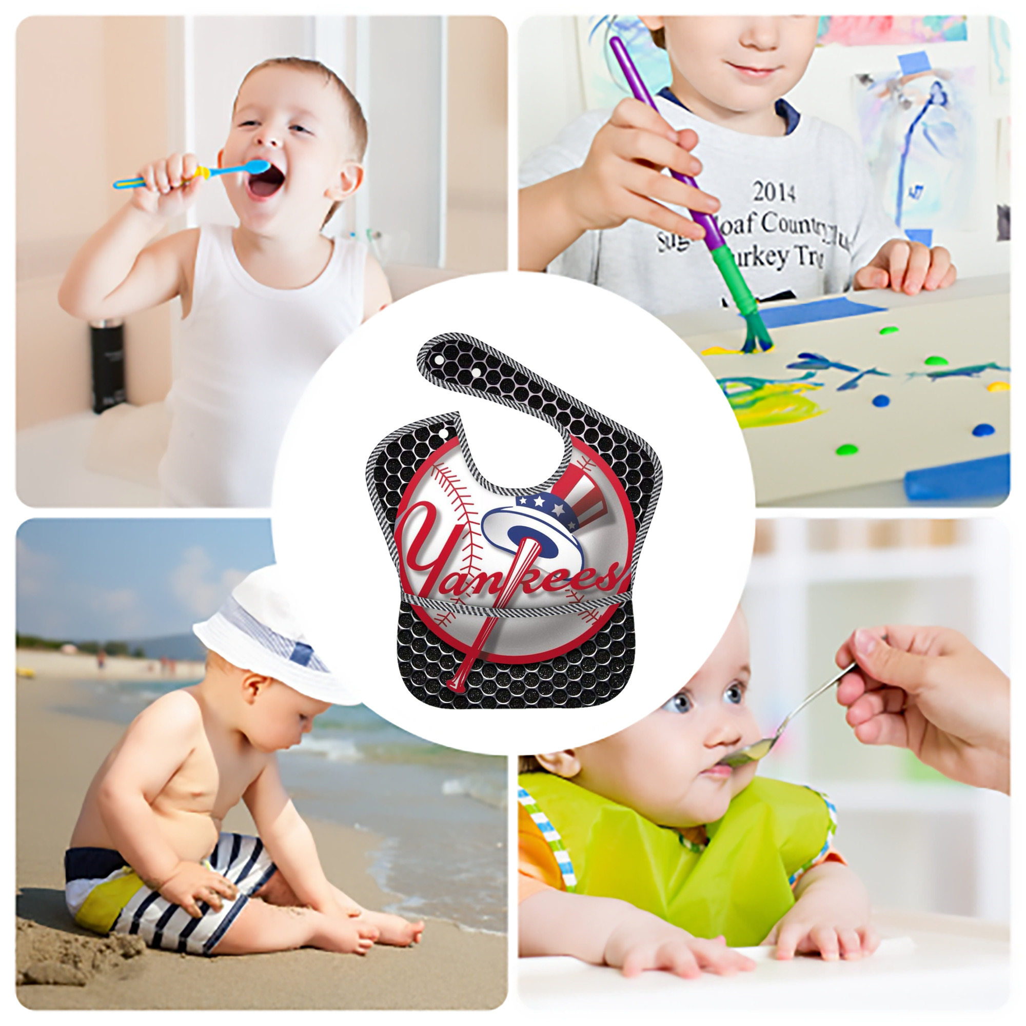 New York Yankees 221 Adjustable Waterproof Toddler Bib – Full-Print Durable Polyester – Foldable Crumb Pocket – Easy Snap Closure – Soft