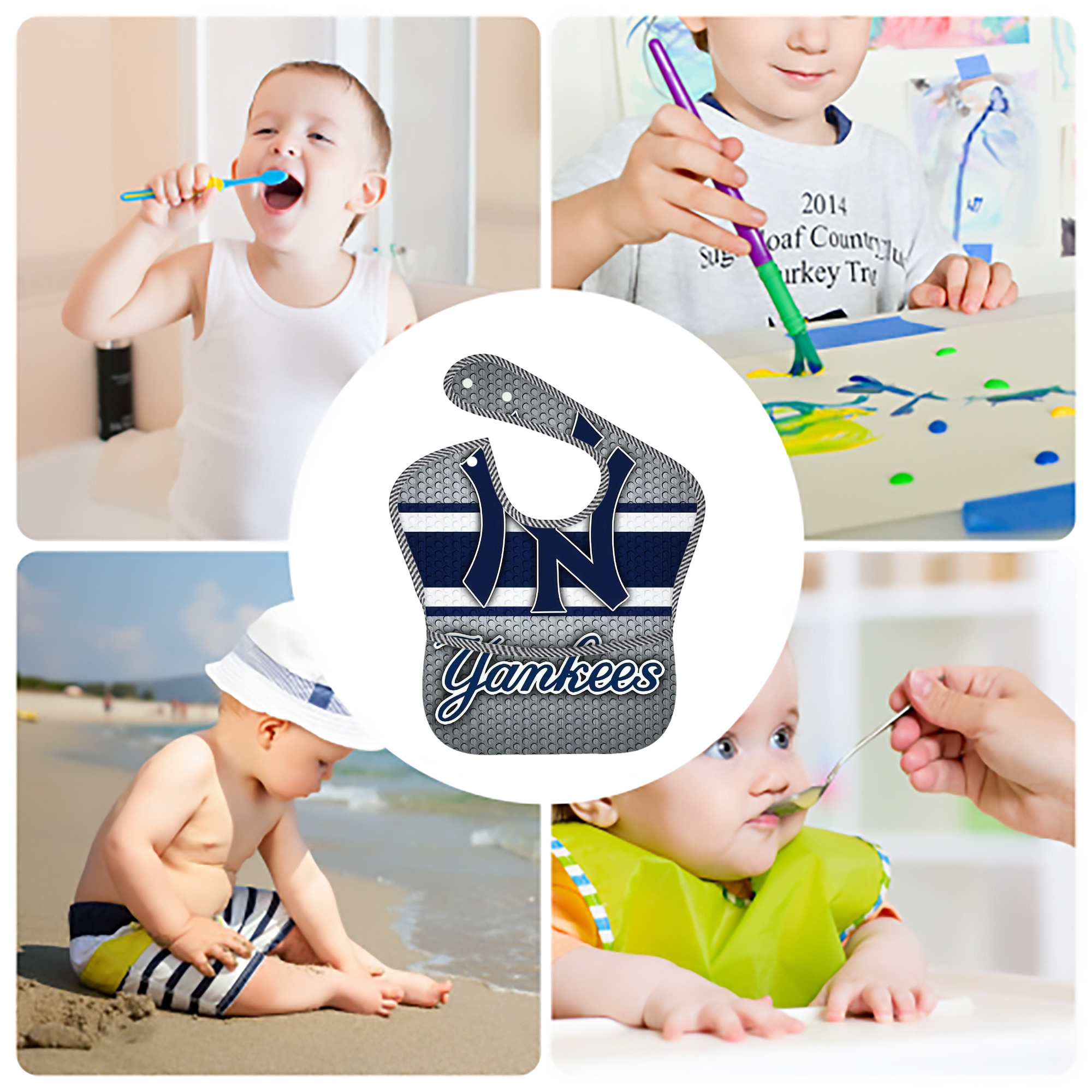 New York Yankees 311 Adjustable Waterproof Toddler Bib – Full-Print Durable Polyester – Foldable Crumb Pocket – Easy Snap Closure – Soft