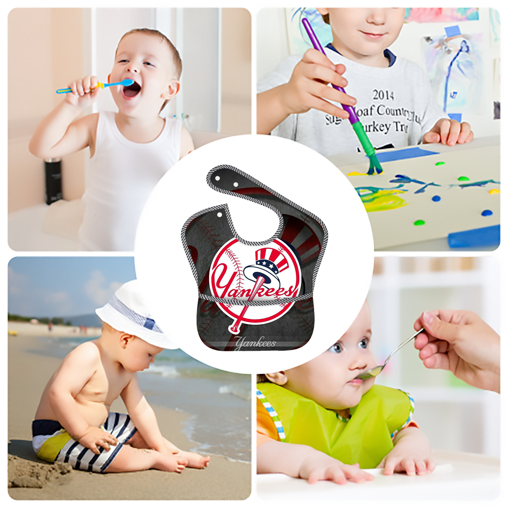 New York Yankees 228 Adjustable Waterproof Toddler Bib – Full-Print Durable Polyester – Foldable Crumb Pocket – Easy Snap Closure – Soft
