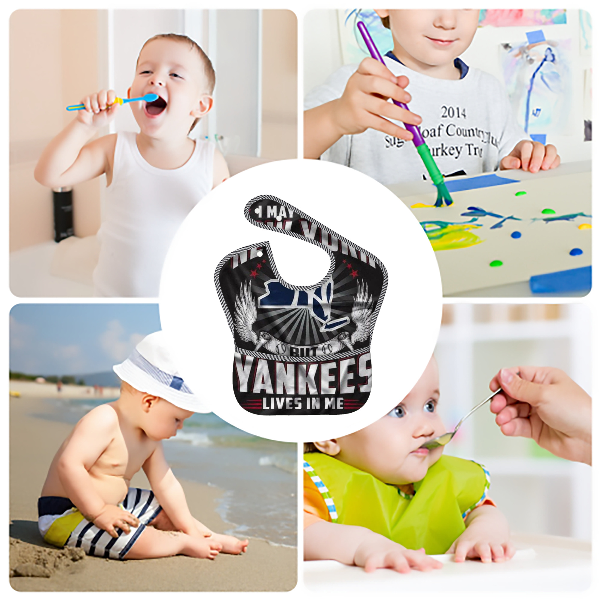 New York Yankees 320 Adjustable Waterproof Toddler Bib – Full-Print Durable Polyester – Foldable Crumb Pocket – Easy Snap Closure – Soft