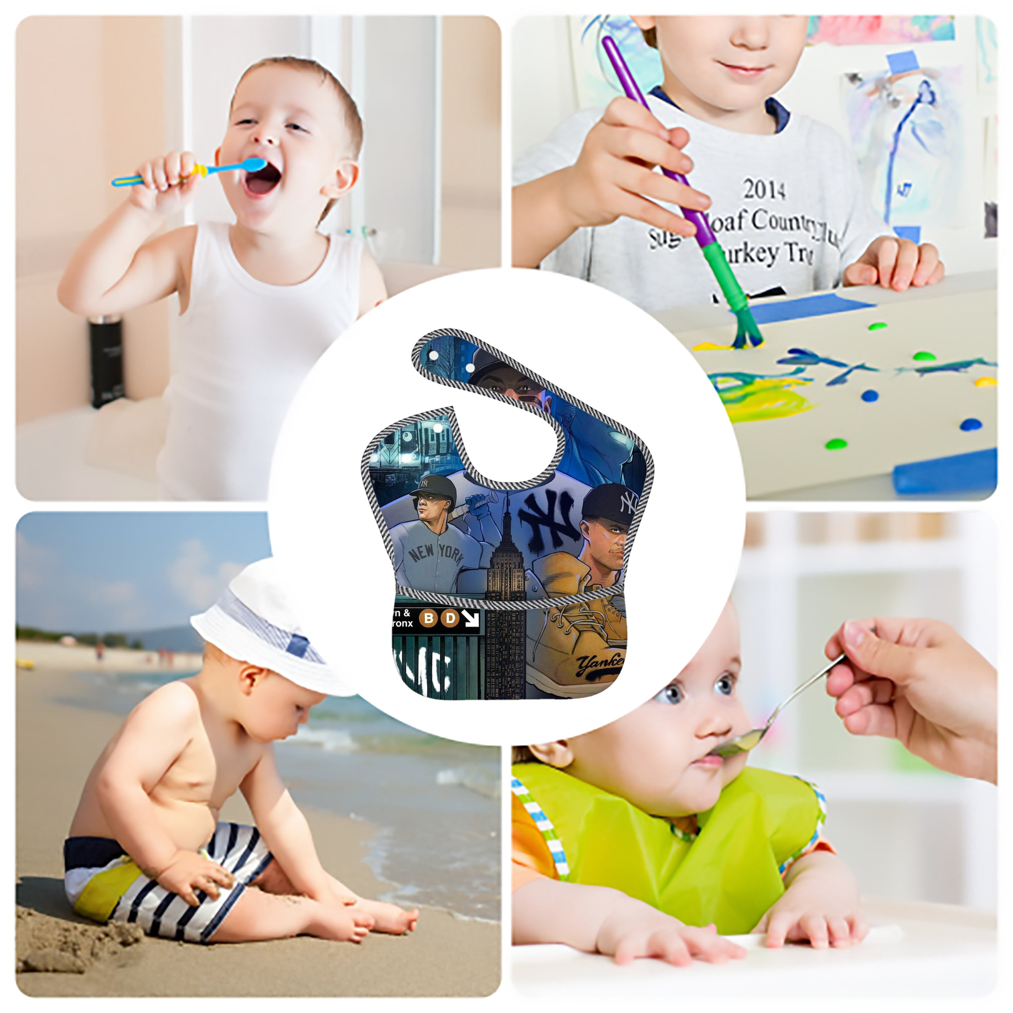 New York Yankees 298 Adjustable Waterproof Toddler Bib – Full-Print Durable Polyester – Foldable Crumb Pocket – Easy Snap Closure – Soft