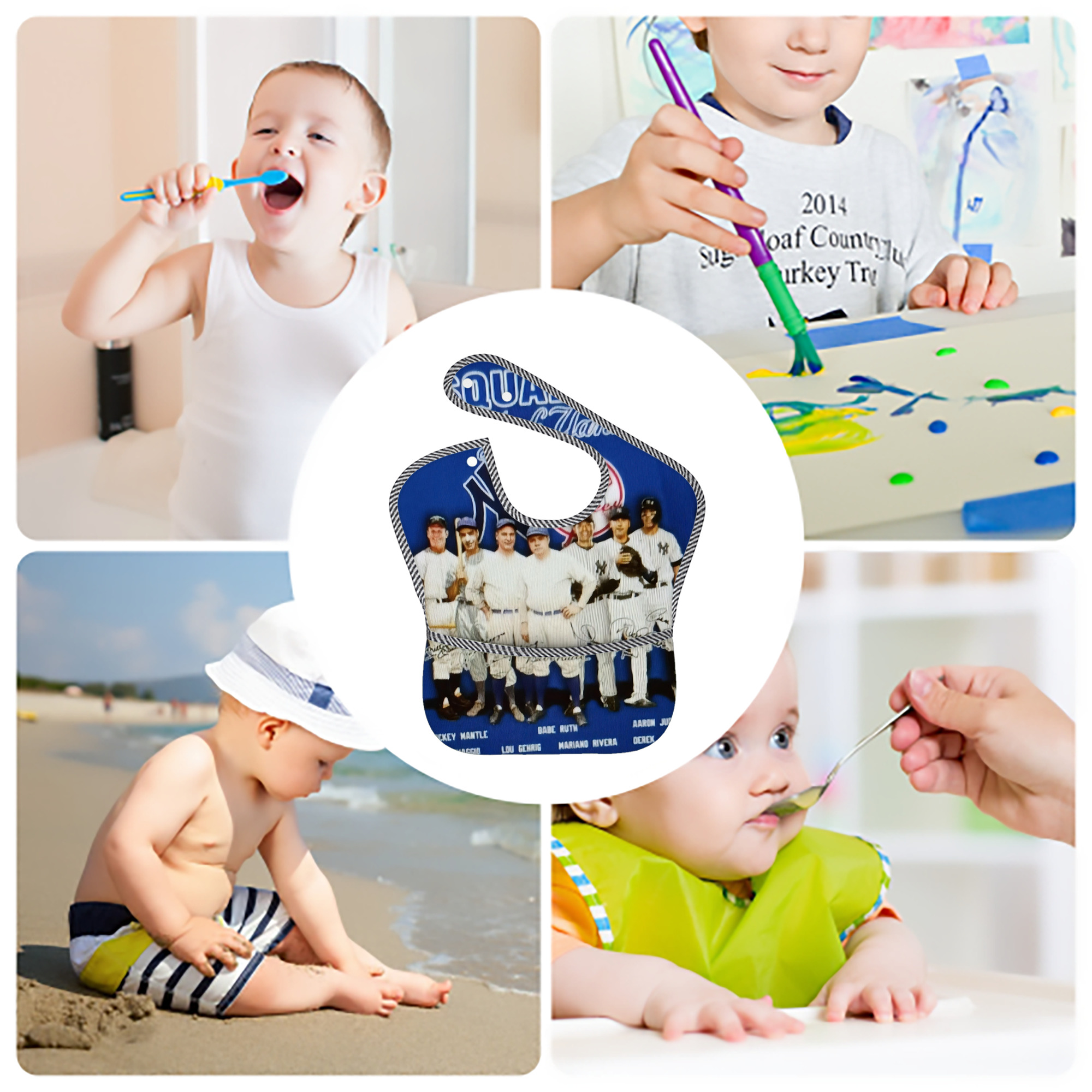 New York Yankees 312 Adjustable Waterproof Toddler Bib – Full-Print Durable Polyester – Foldable Crumb Pocket – Easy Snap Closure – Soft