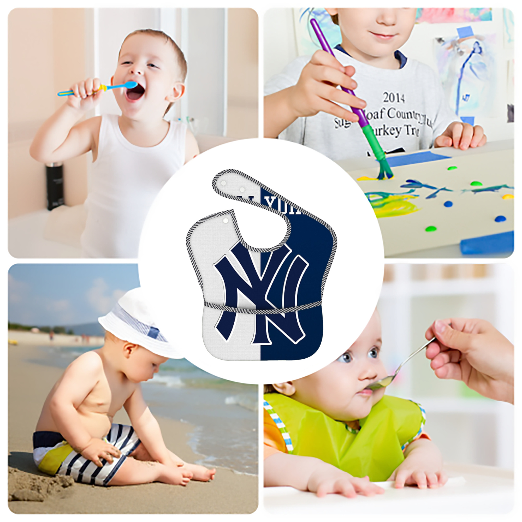 New York Yankees 332 Adjustable Waterproof Toddler Bib – Full-Print Durable Polyester – Foldable Crumb Pocket – Easy Snap Closure – Soft