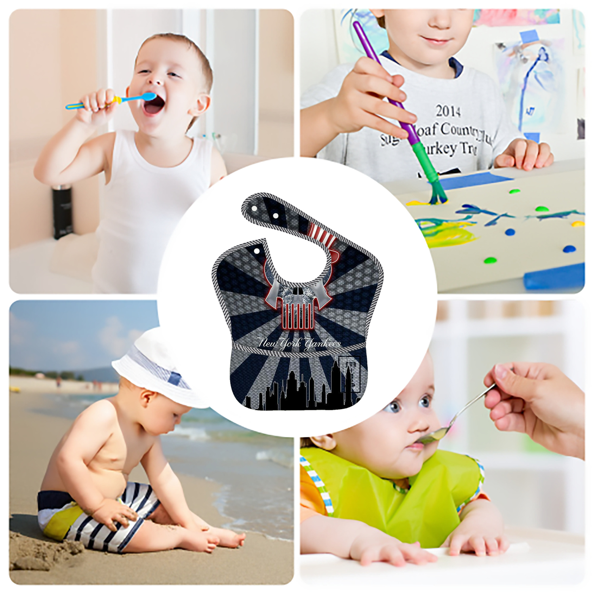 New York Yankees 340 Adjustable Waterproof Toddler Bib – Full-Print Durable Polyester – Foldable Crumb Pocket – Easy Snap Closure – Soft