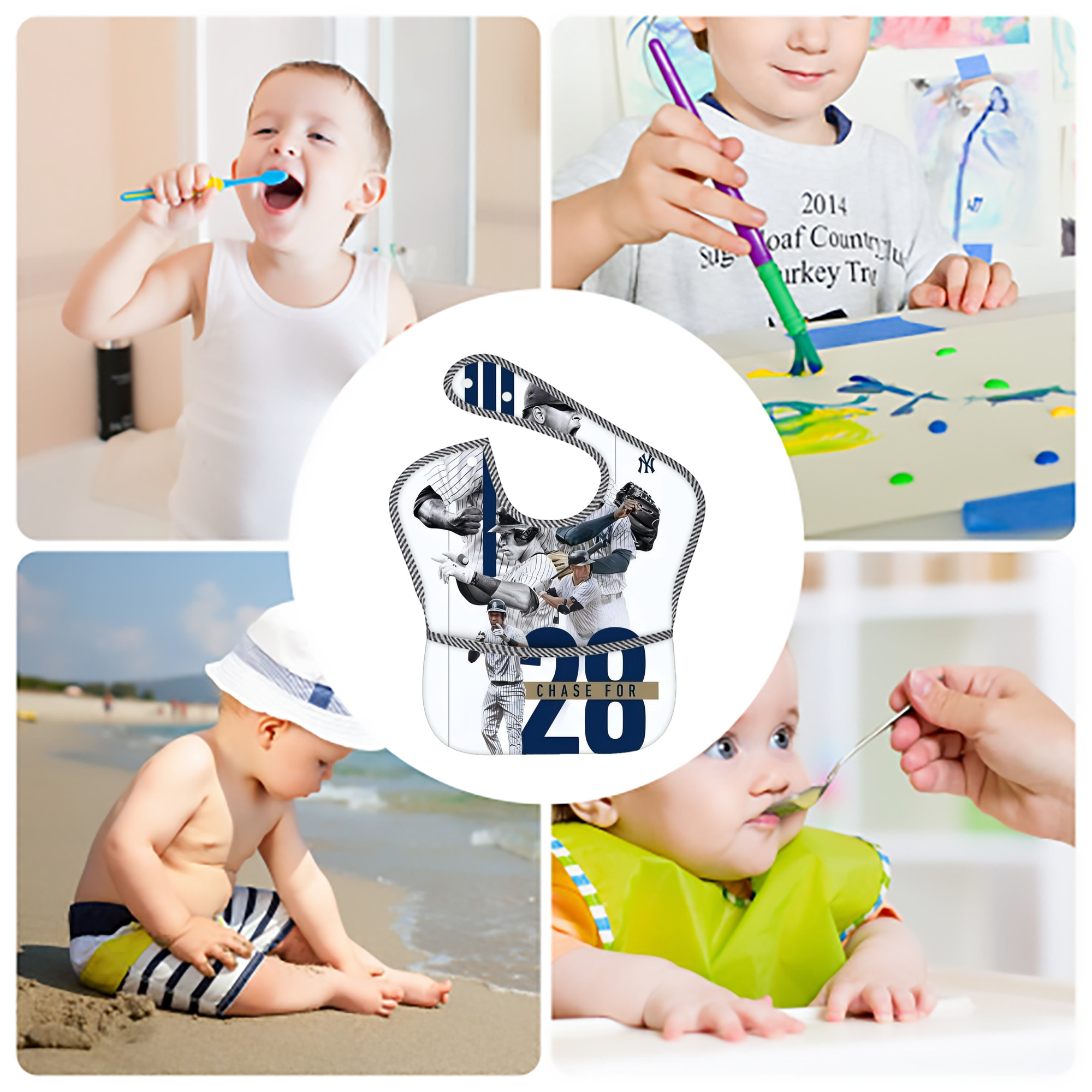 New York Yankees Chase For 28 Adjustable Waterproof Toddler Bib – Full-Print Durable Polyester – Foldable Crumb Pocket – Easy Snap Closure – Soft