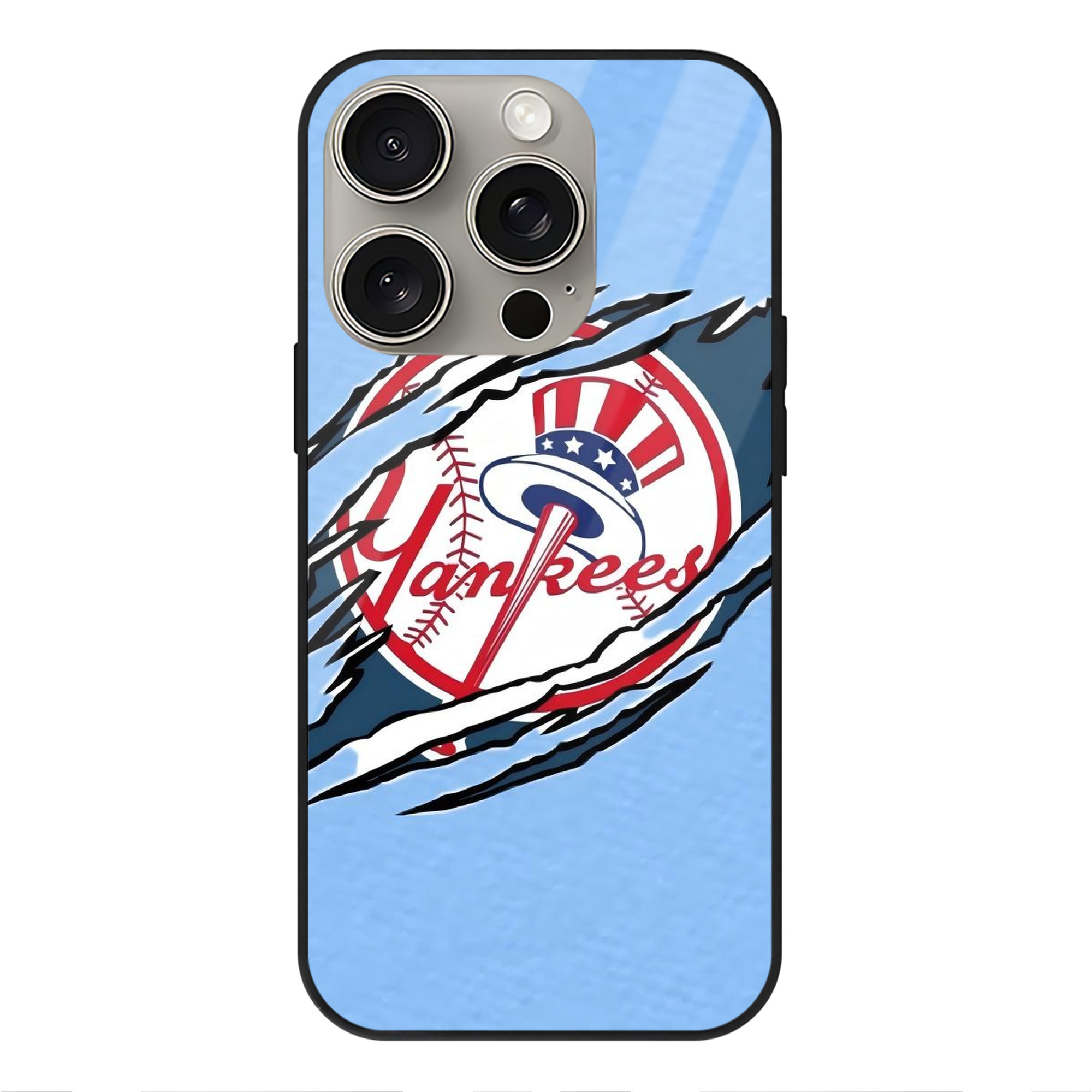 New York Yankees 128 IPhone 15 Pro Mirror Phone Case – UV Printed Glass + TPU – Scratch-Resistant, Wireless Charging Compatible, Precise Fit & Stylish Design