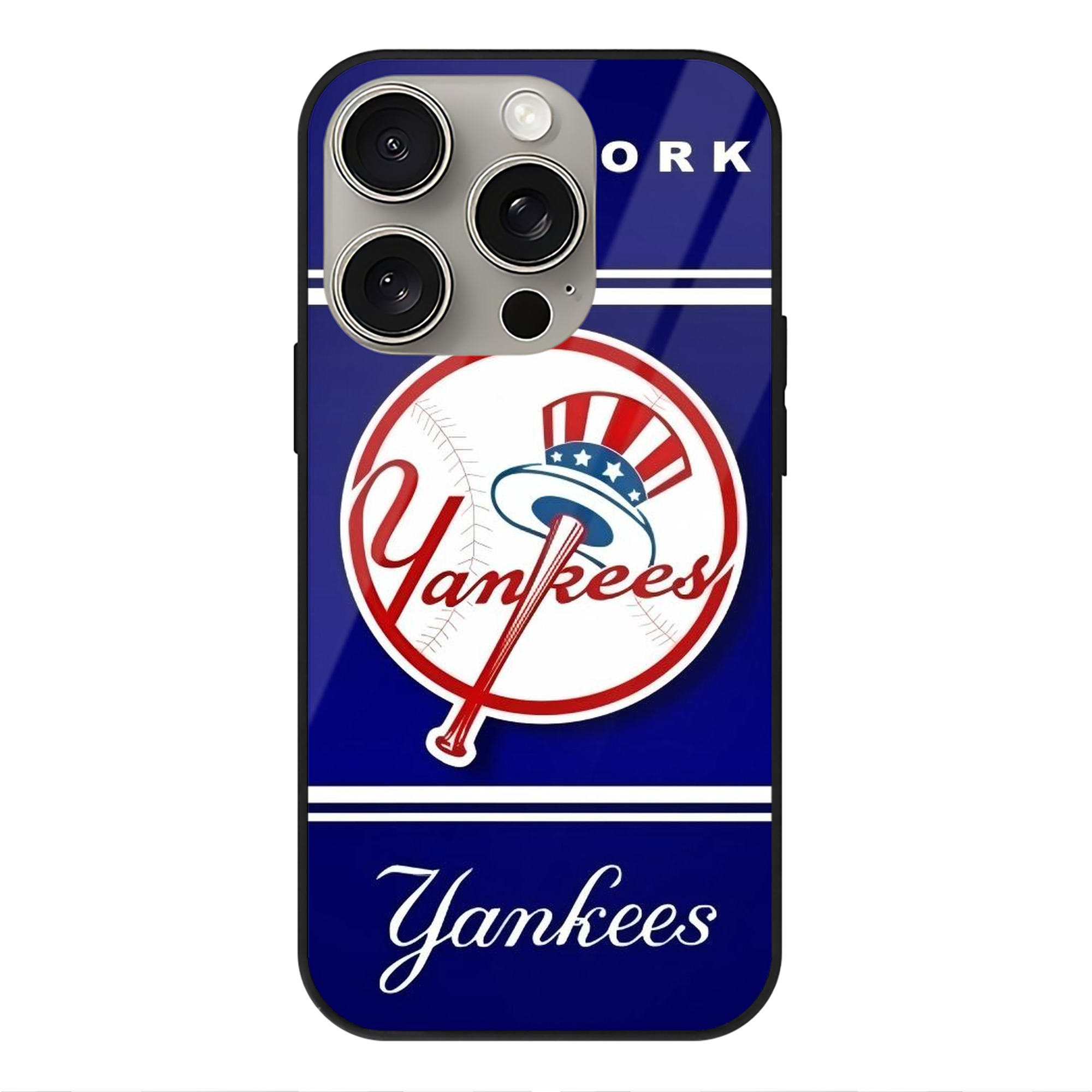 New York Yankees 139 IPhone 15 Pro Mirror Phone Case – UV Printed Glass + TPU – Scratch-Resistant, Wireless Charging Compatible, Precise Fit & Stylish Design