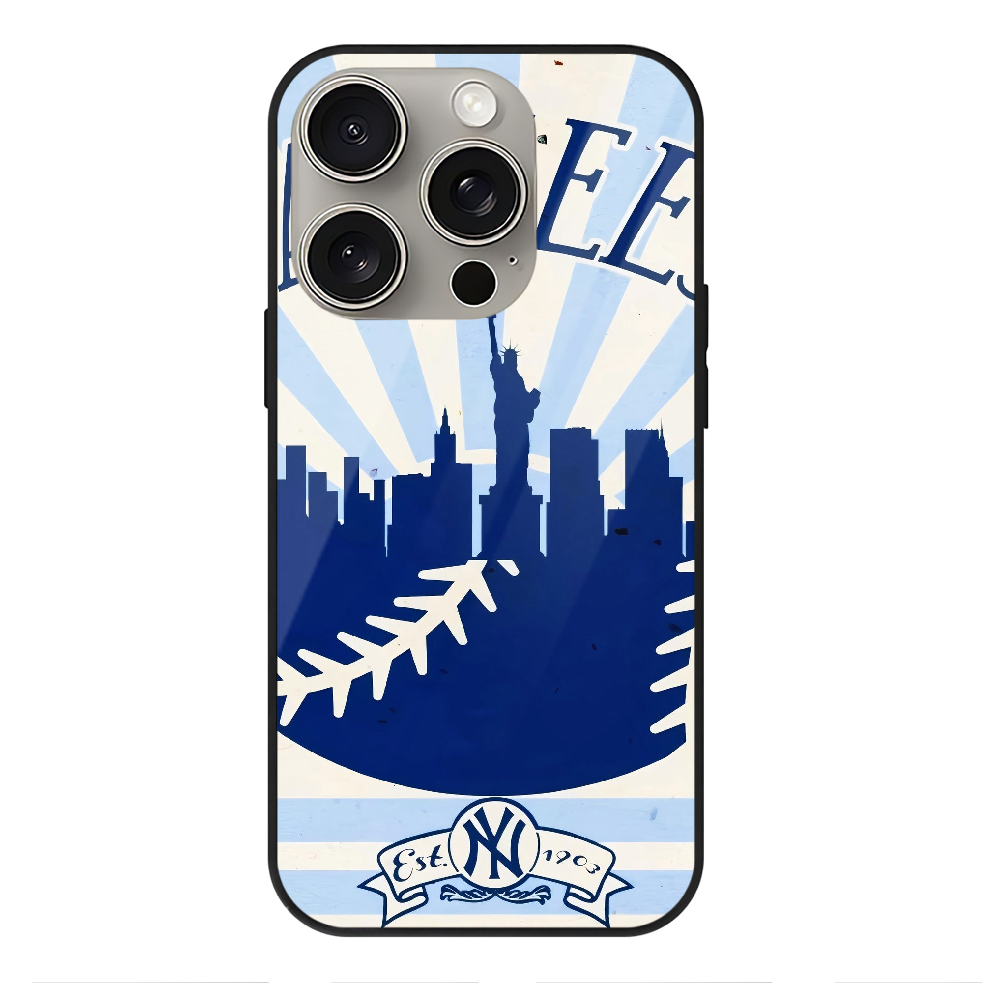 New York Yankees 143 IPhone 15 Pro Mirror Phone Case – UV Printed Glass + TPU – Scratch-Resistant, Wireless Charging Compatible, Precise Fit & Stylish Design
