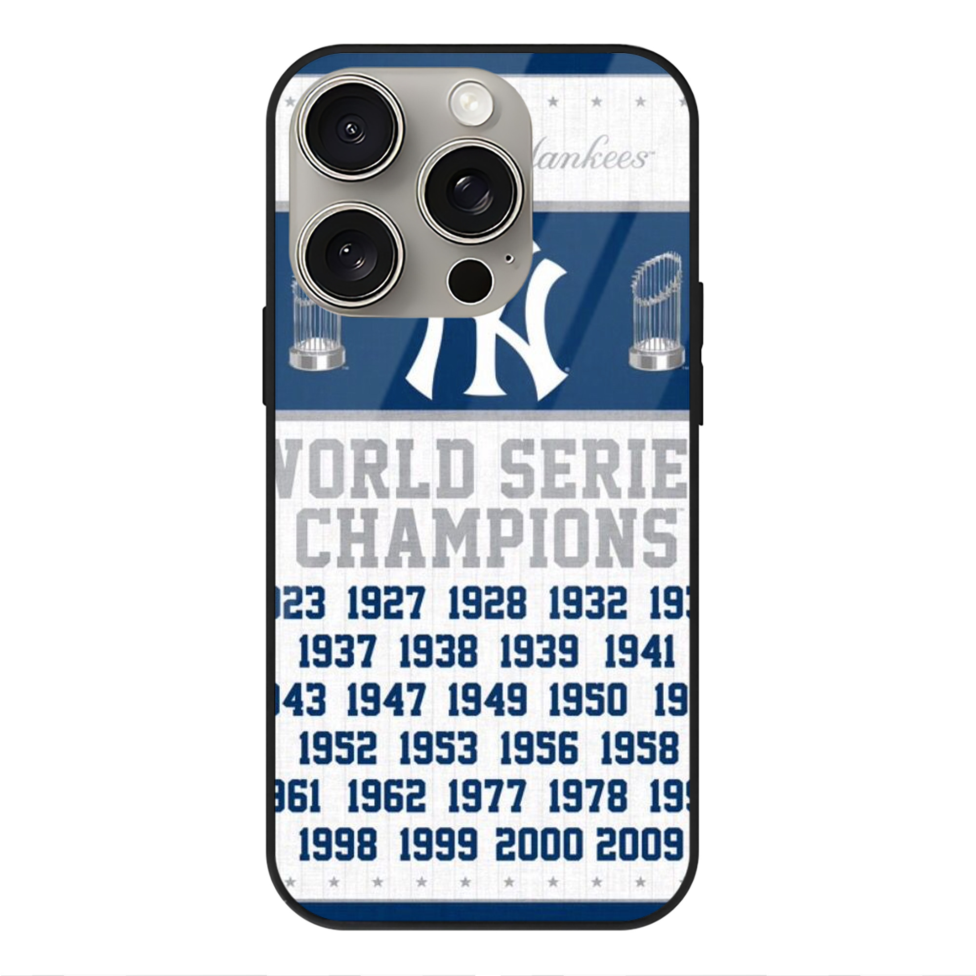 New York Yankees WS Champions Years IPhone 15 Pro Mirror Phone Case – UV Printed Glass + TPU – Scratch-Resistant, Wireless Charging Compatible, Precise Fit & Stylish Design