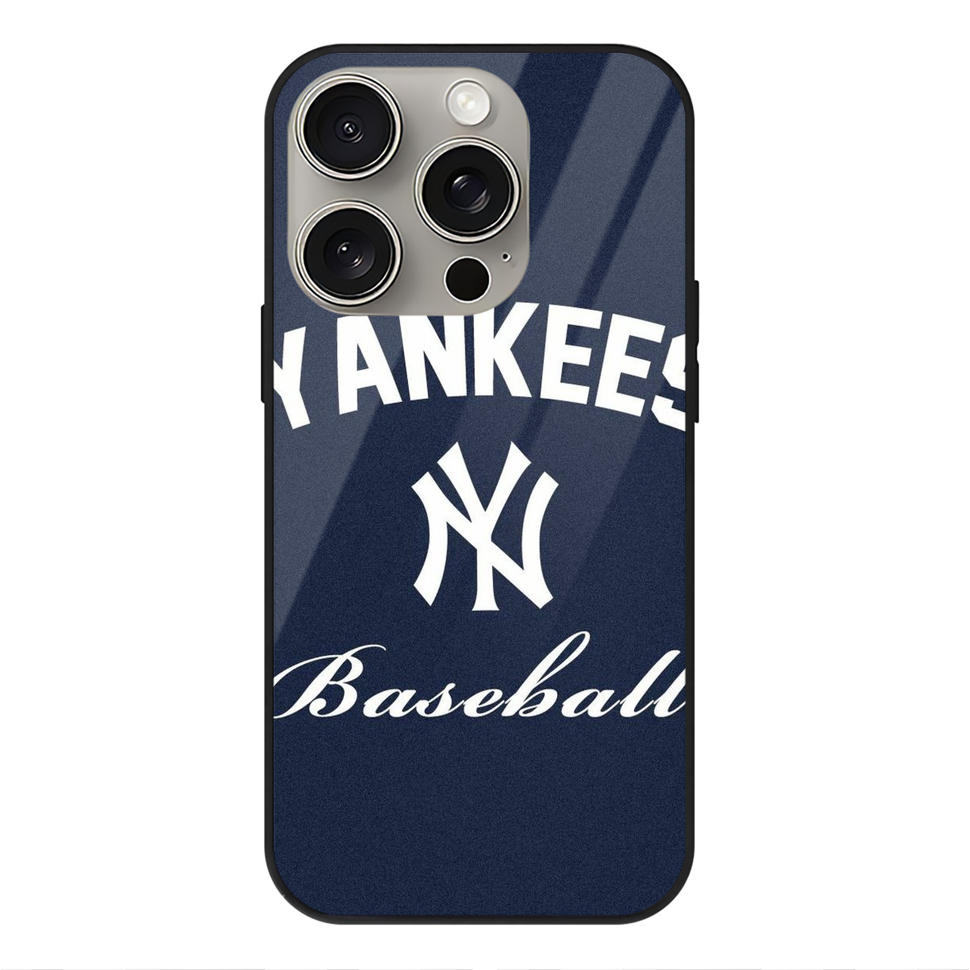 New York Yankees Baseball IPhone 15 Pro Mirror Phone Case – UV Printed Glass + TPU – Scratch-Resistant, Wireless Charging Compatible, Precise Fit & Stylish Design