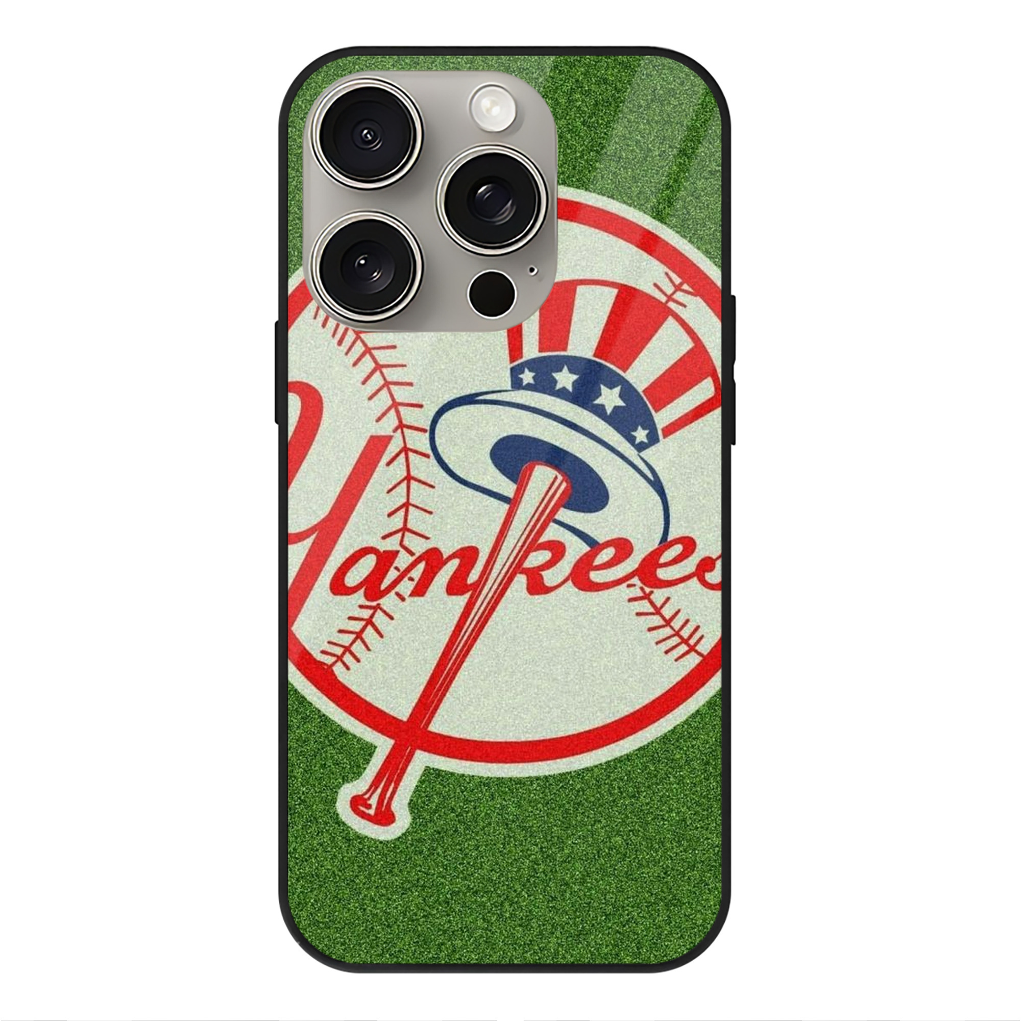 New York Yankees Logo IPhone 15 Pro Mirror Phone Case – UV Printed Glass + TPU – Scratch-Resistant, Wireless Charging Compatible, Precise Fit & Stylish Design