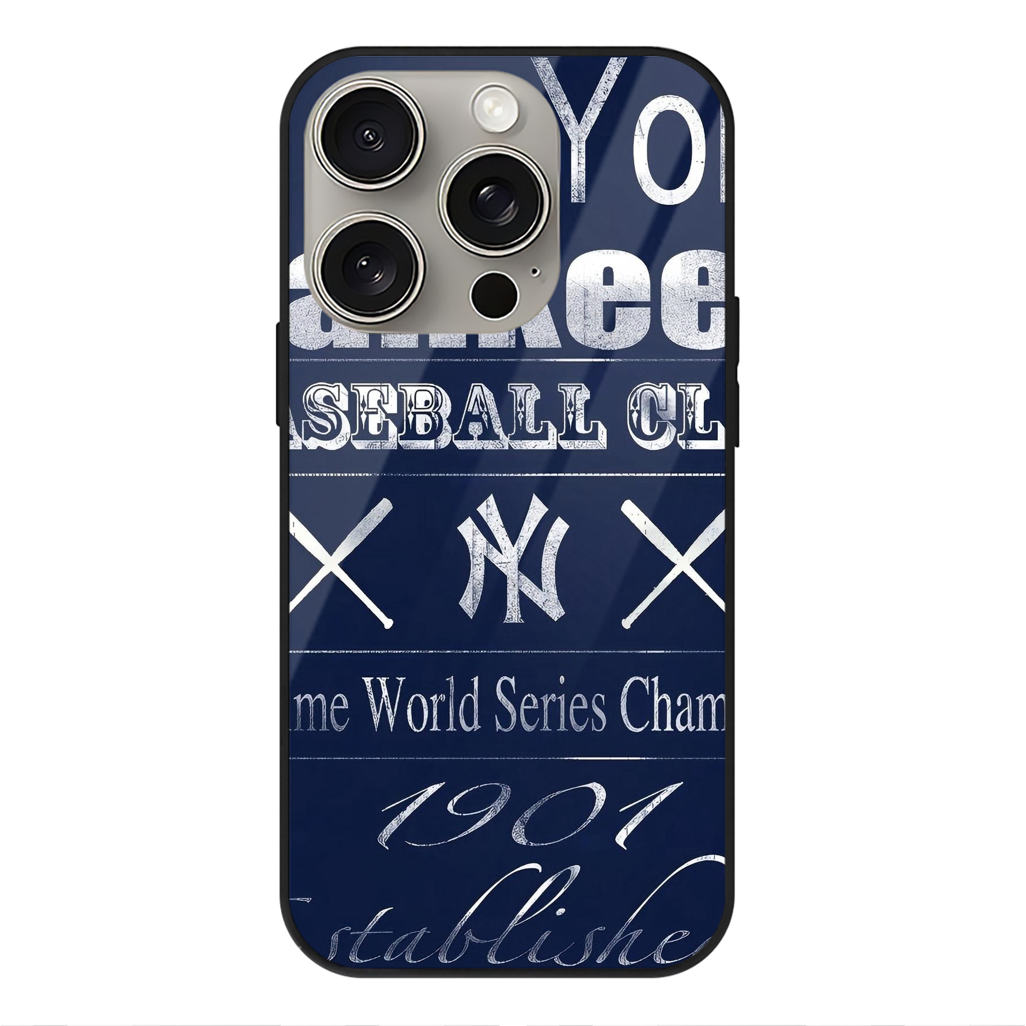 New York Yankees 205 IPhone 15 Pro Mirror Phone Case – UV Printed Glass + TPU – Scratch-Resistant, Wireless Charging Compatible, Precise Fit & Stylish Design