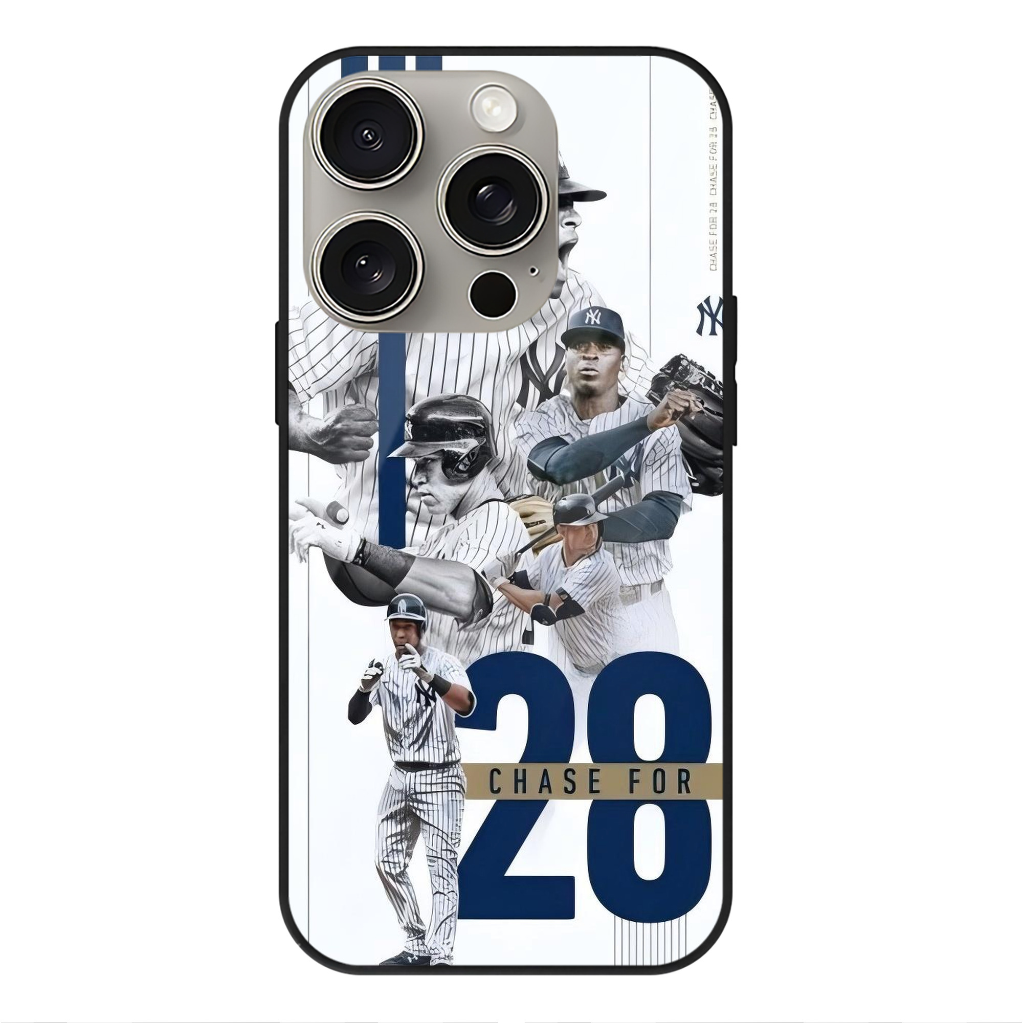 New York Yankees Chase For 28 IPhone 15 Pro Mirror Phone Case – UV Printed Glass + TPU – Scratch-Resistant, Wireless Charging Compatible, Precise Fit & Stylish Design