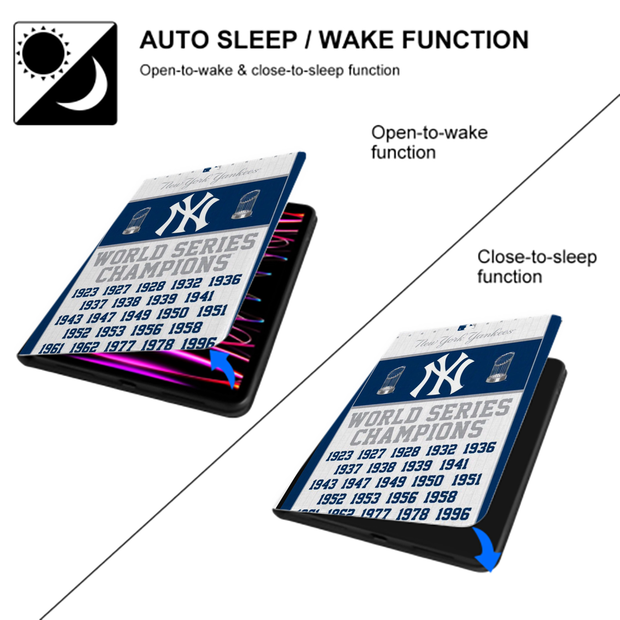 New York Yankees WS Champions Years Premium Tri-Fold PU Leather & Silicone IPad Case With Pencil Slot – Fits 9.5,10.5,10.9 – Adjustable Stand, Slim, Protective