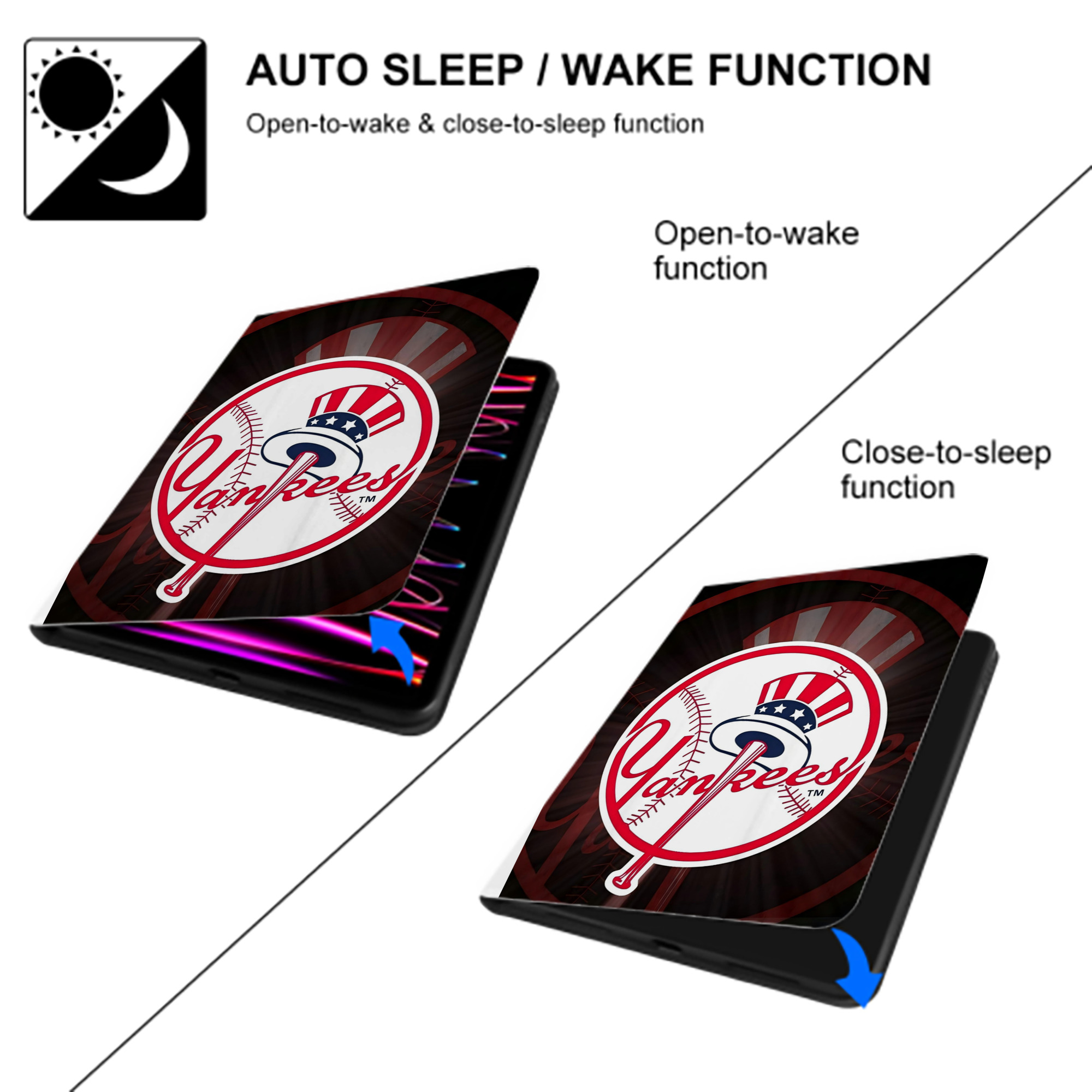 New York Yankees 124 Premium Tri-Fold PU Leather & Silicone IPad Case With Pencil Slot – Fits 9.5,10.5,10.9 – Adjustable Stand, Slim, Protective