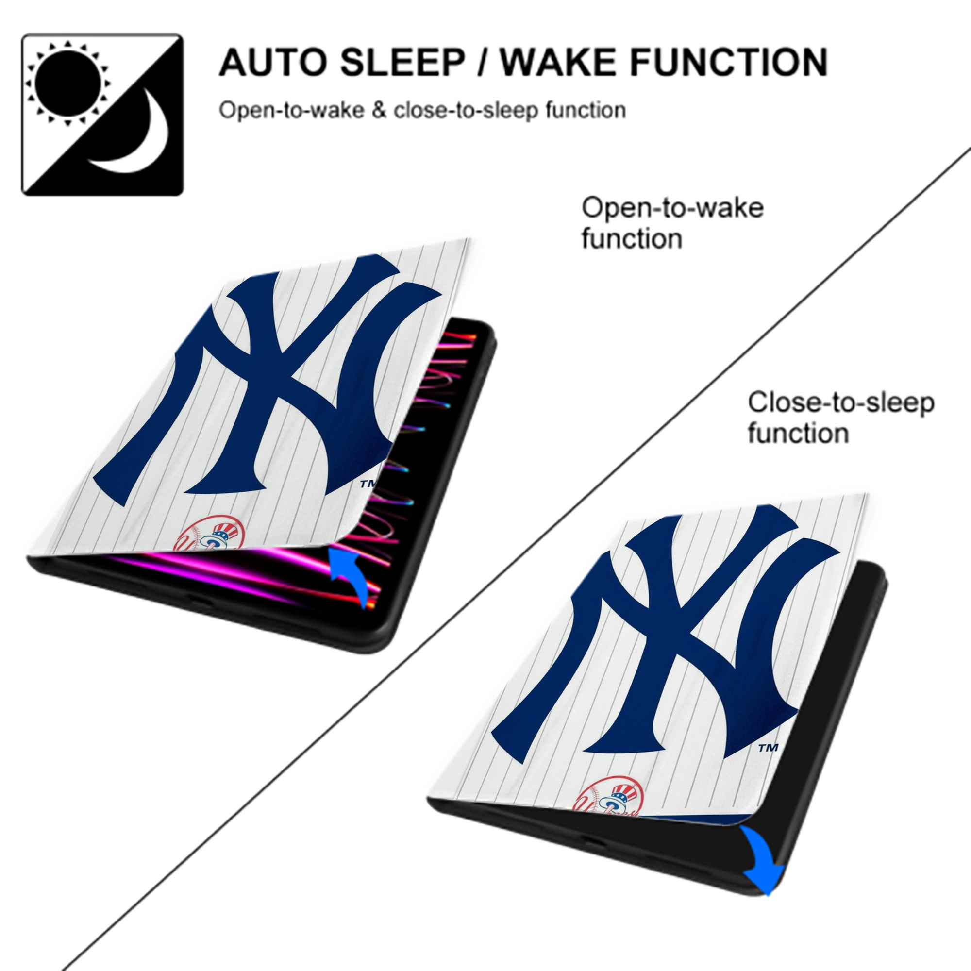 New York Yankees 130 Premium Tri-Fold PU Leather & Silicone IPad Case With Pencil Slot – Fits 9.5,10.5,10.9 – Adjustable Stand, Slim, Protective