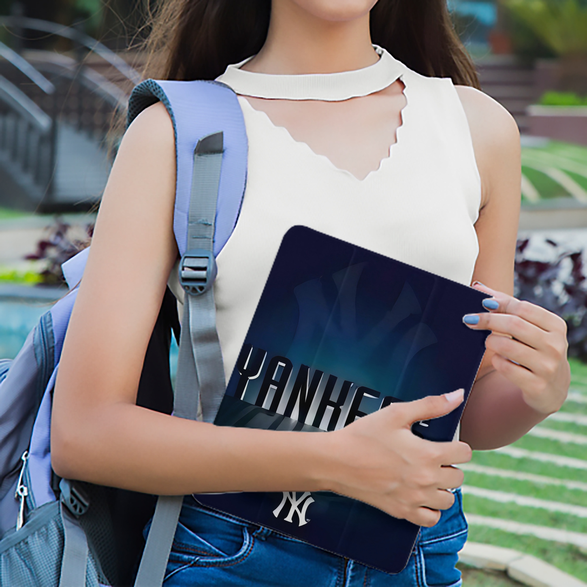 New York Yankees 160 Premium Tri-Fold PU Leather & Silicone IPad Case With Pencil Slot – Fits 9.5,10.5,10.9 – Adjustable Stand, Slim, Protective