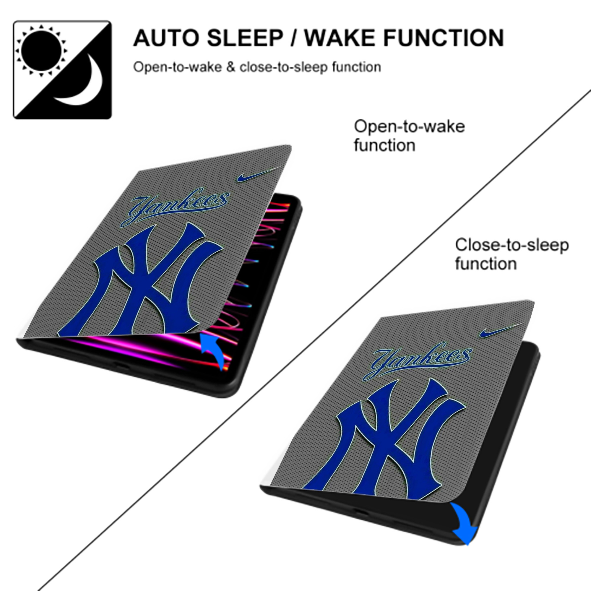 New York Yankees 180 Premium Tri-Fold PU Leather & Silicone IPad Case With Pencil Slot – Fits 9.5,10.5,10.9 – Adjustable Stand, Slim, Protective