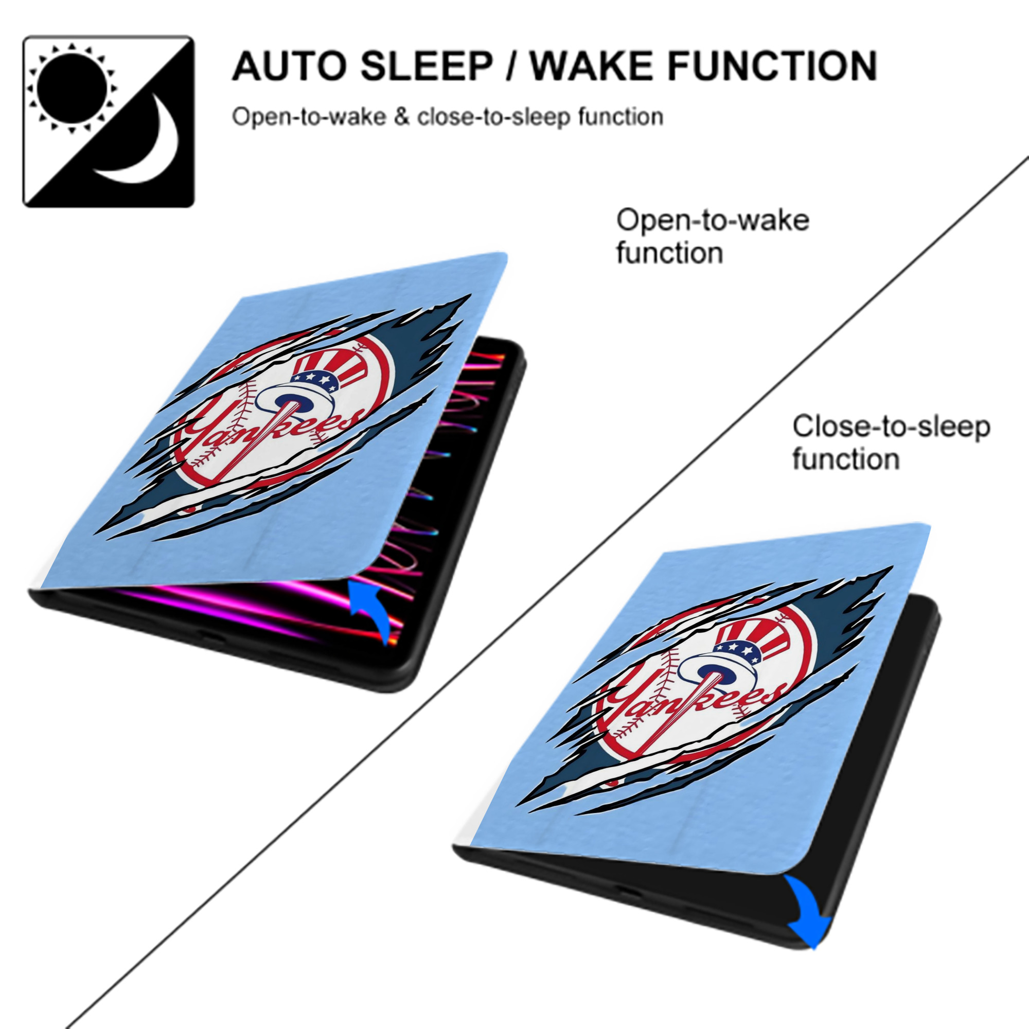 New York Yankees 128 Premium Tri-Fold PU Leather & Silicone IPad Case With Pencil Slot – Fits 9.5,10.5,10.9 – Adjustable Stand, Slim, Protective