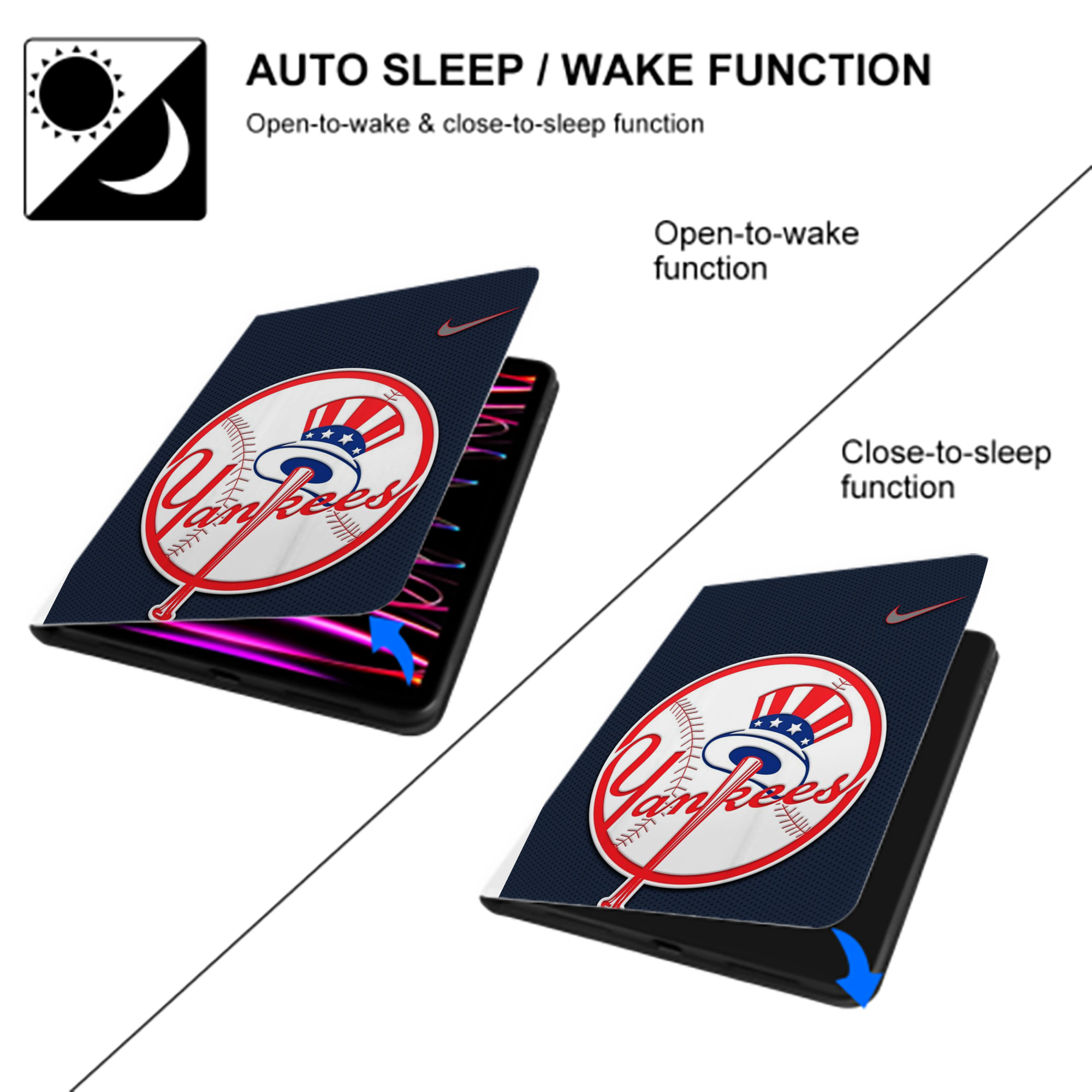 New York Yankees 208 Premium Tri-Fold PU Leather & Silicone IPad Case With Pencil Slot – Fits 9.5,10.5,10.9 – Adjustable Stand, Slim, Protective