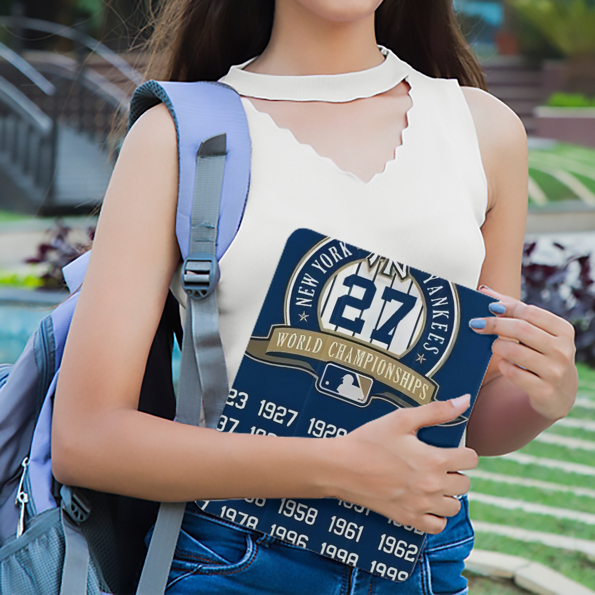 New York Yankees 144 Premium Tri-Fold PU Leather & Silicone IPad Case With Pencil Slot – Fits 9.5,10.5,10.9 – Adjustable Stand, Slim, Protective