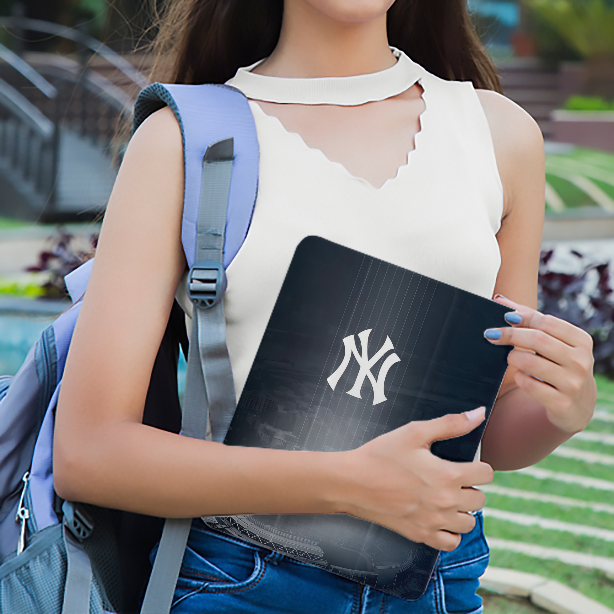 New York Yankees 225 Premium Tri-Fold PU Leather & Silicone IPad Case With Pencil Slot – Fits 9.5,10.5,10.9 – Adjustable Stand, Slim, Protective