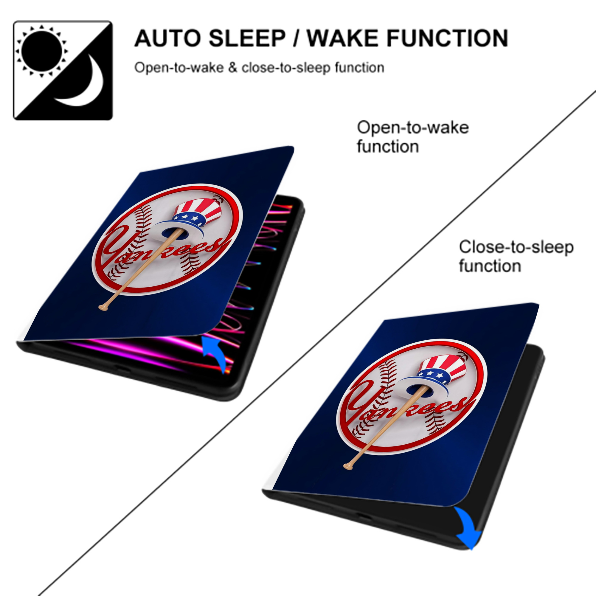 New York Yankees 200 Premium Tri-Fold PU Leather & Silicone IPad Case With Pencil Slot – Fits 9.5,10.5,10.9 – Adjustable Stand, Slim, Protective