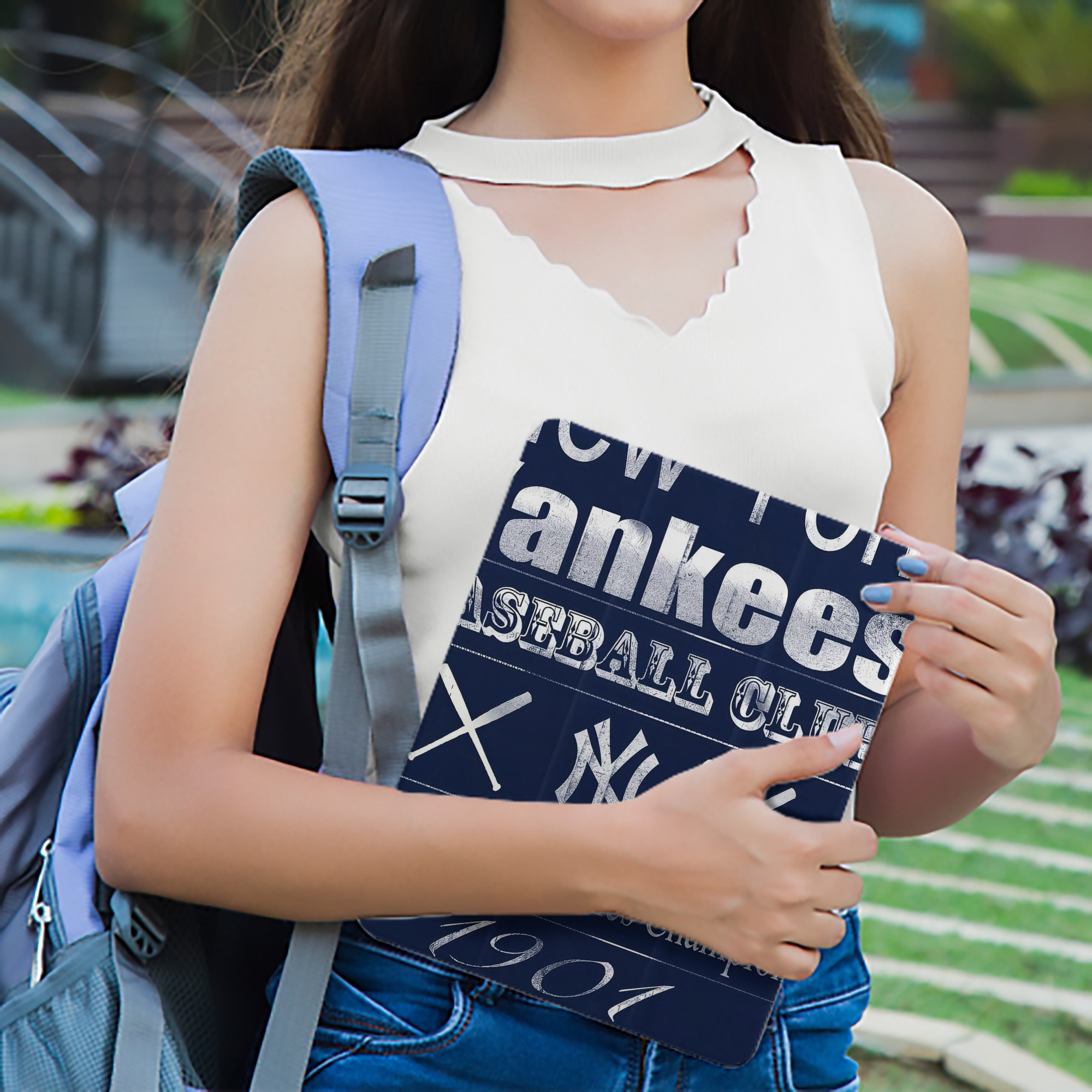 New York Yankees 205 Premium Tri-Fold PU Leather & Silicone IPad Case With Pencil Slot – Fits 9.5,10.5,10.9 – Adjustable Stand, Slim, Protective