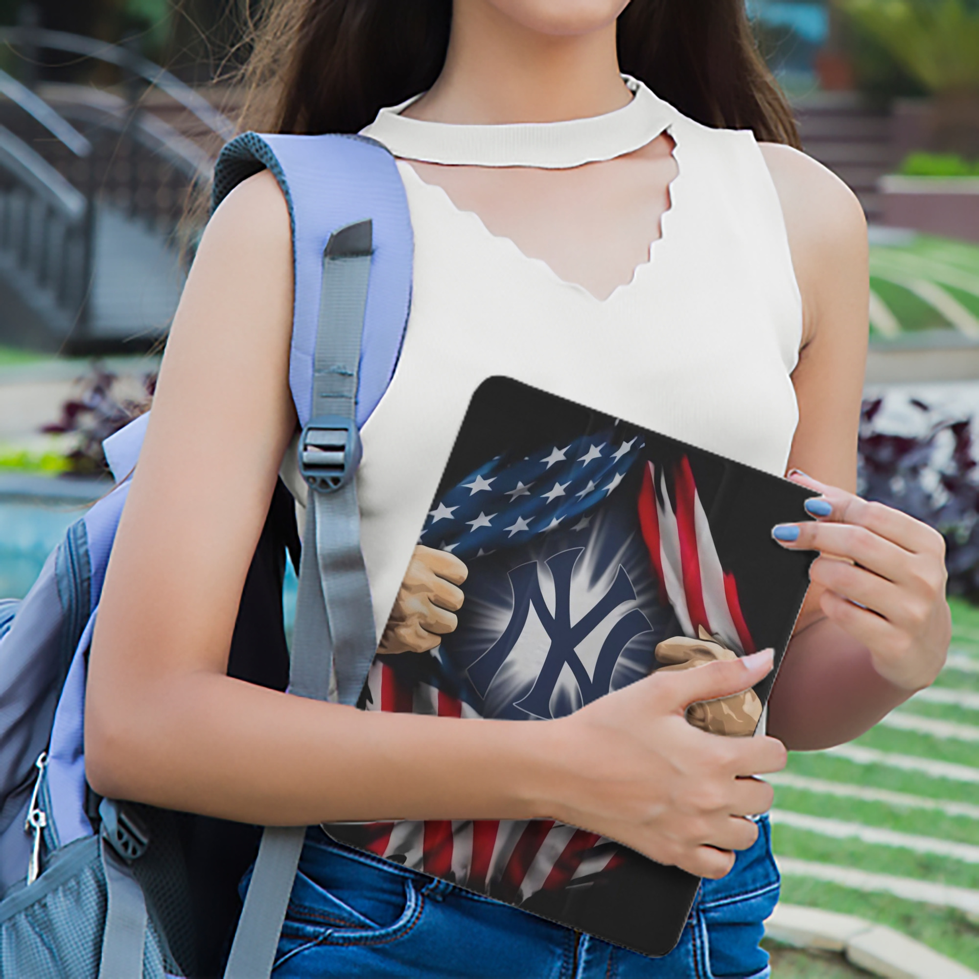 New York Yankees US Flag Yankees Inside Me Premium Tri-Fold PU Leather & Silicone IPad Case With Pencil Slot – Fits 9.5,10.5,10.9 – Adjustable Stand, Slim, Protective