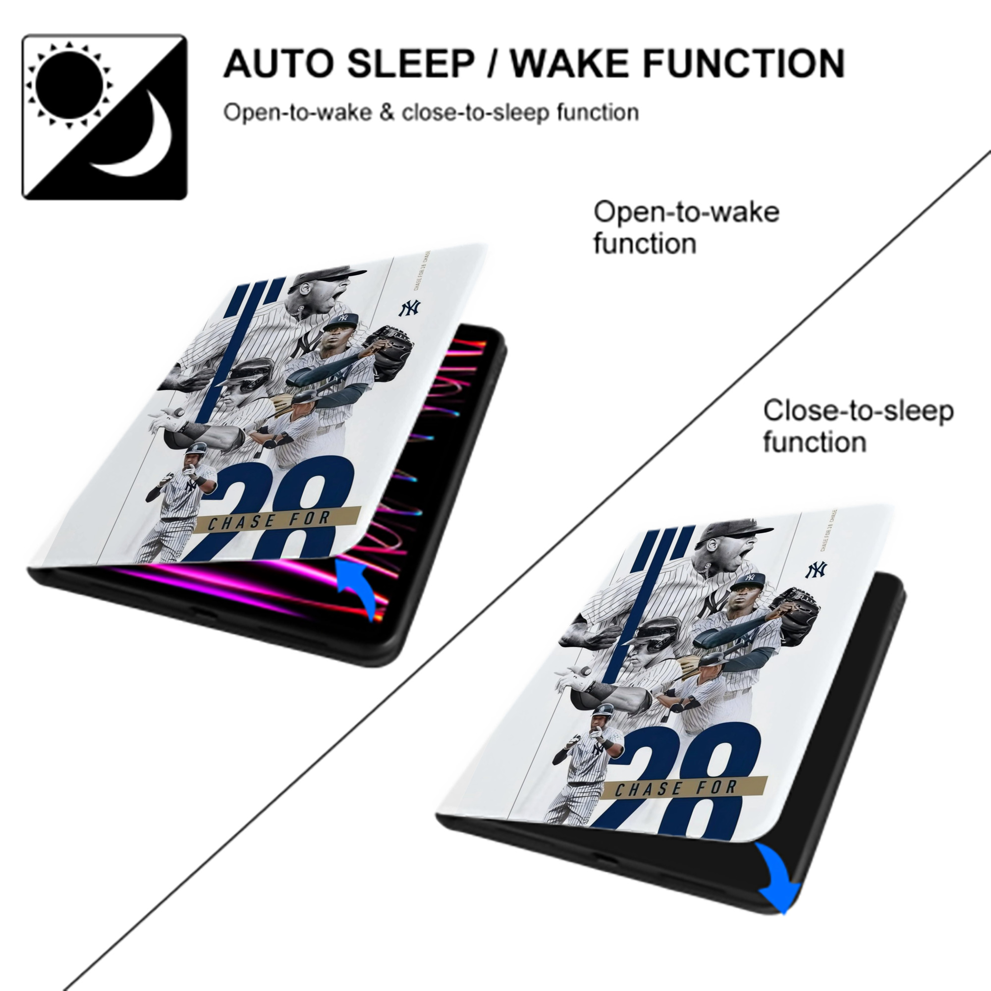 New York Yankees Chase For 28 Premium Tri-Fold PU Leather & Silicone IPad Case With Pencil Slot – Fits 9.5,10.5,10.9 – Adjustable Stand, Slim, Protective