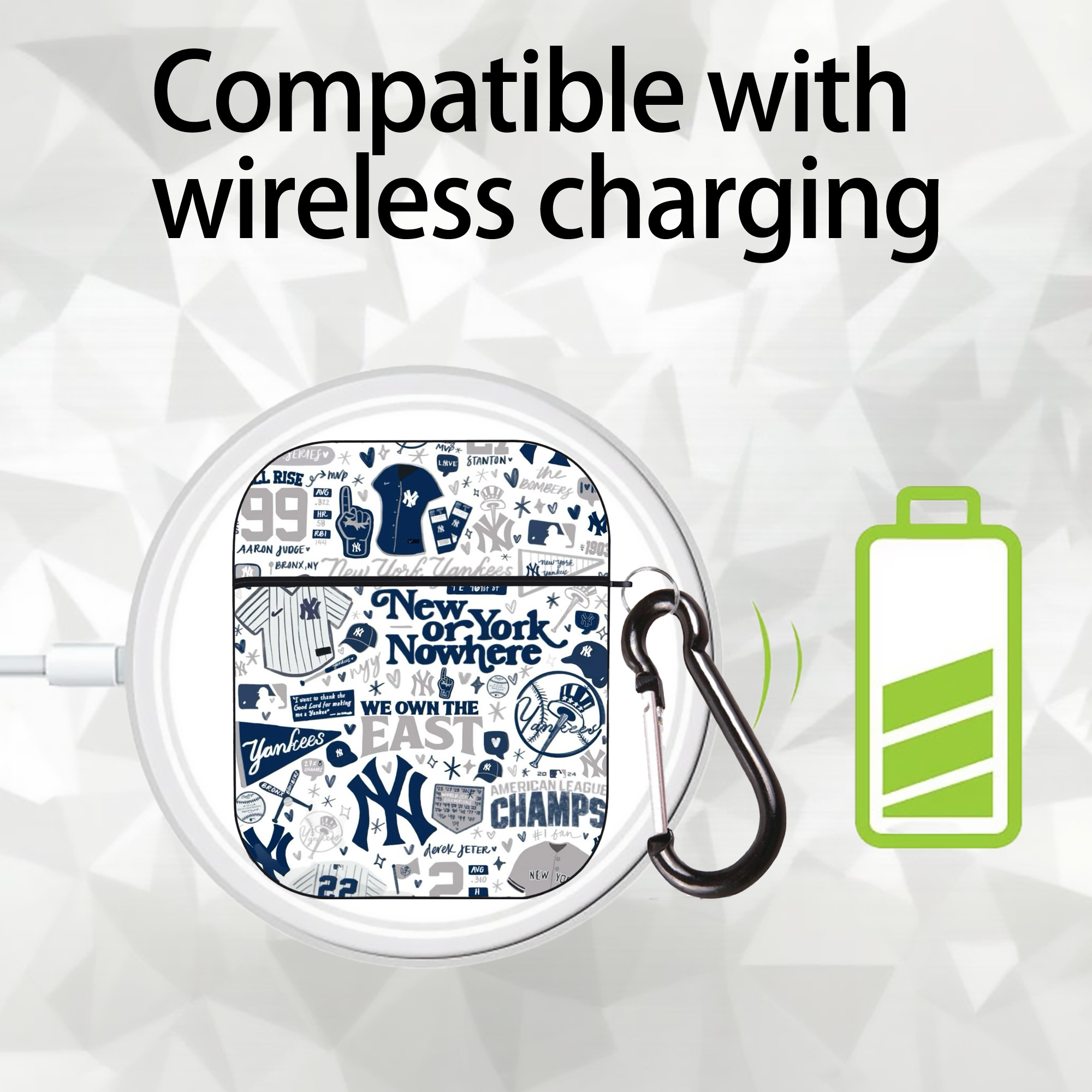 New York Yankees 113 AirPods 2 Case Hard Shell Black, Flexible PC Material, Precise Cutouts, Full Protection, Anti-Fingerprint, Washable, Includes Keychain – Durable & Slim Design