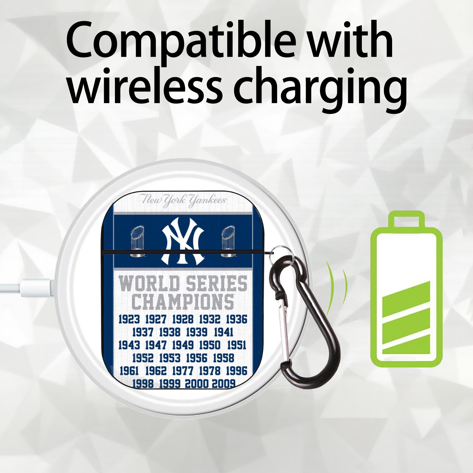 New York Yankees WS Champions Years AirPods 2 Case Hard Shell Black, Flexible PC Material, Precise Cutouts, Full Protection, Anti-Fingerprint, Washable, Includes Keychain – Durable & Slim Design