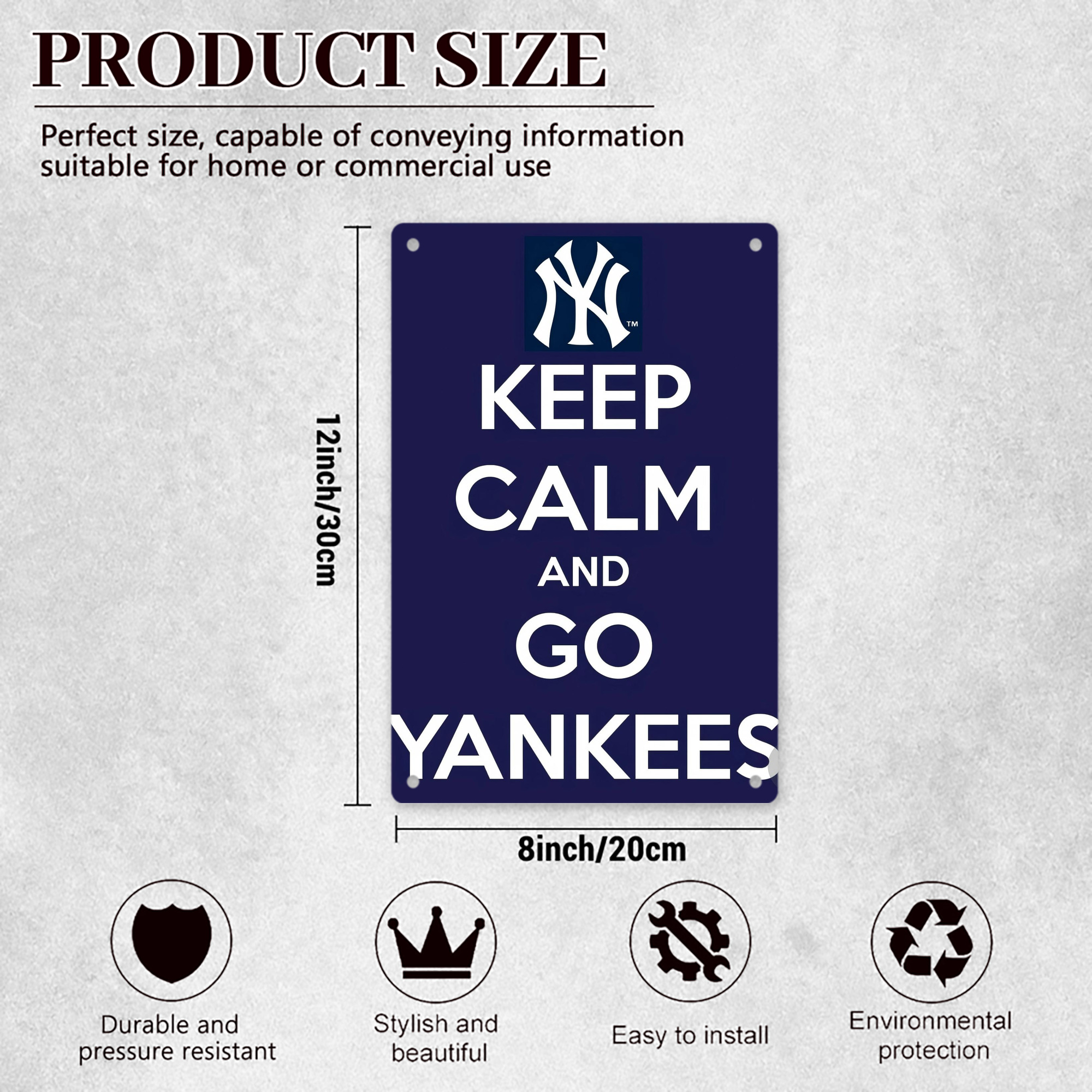 New York Yankees Keep Calm and Go Yankees 8x12inch Vertical Aluminum Sign - Durable Fade-Resistant Indoor/Outdoor Safety & Information Plaque For Office, Hotel, Restaurant, Bar, Public Spaces