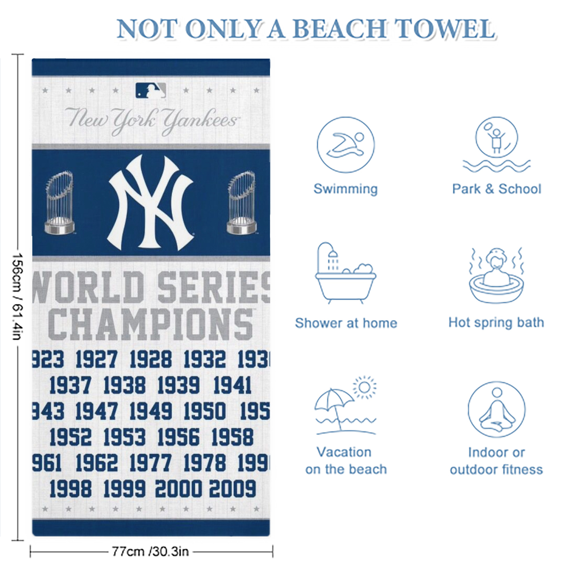 New York Yankees WS Champions Years Premium Microfiber Beach Towel – Soft, Large Size, Multi-Purpose For Beach, Picnic & Kids, Lightweight & Portable With Carry Bag, Easy Care