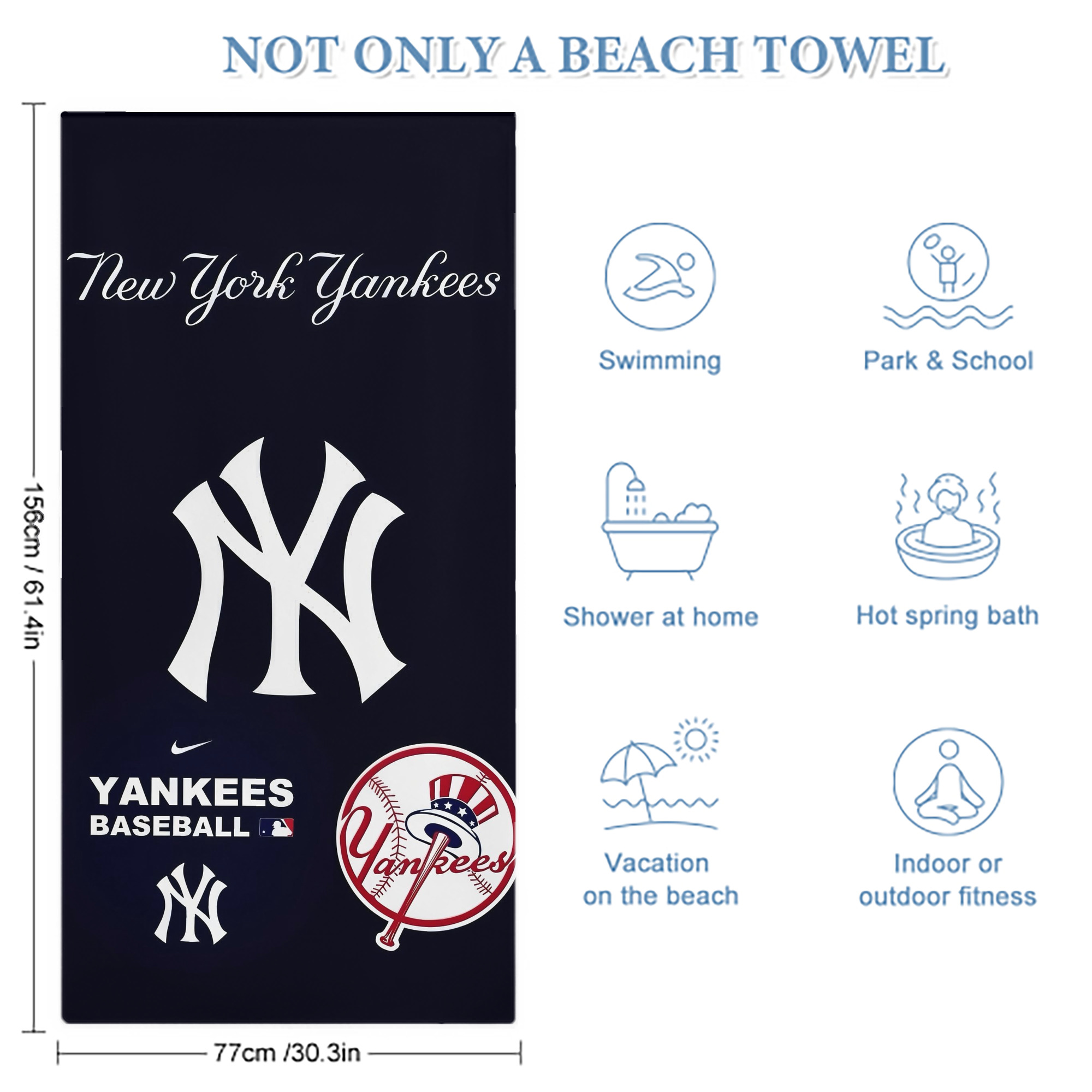 New York Yankees 122 Premium Microfiber Beach Towel – Soft, Large Size, Multi-Purpose For Beach, Picnic & Kids, Lightweight & Portable With Carry Bag, Easy Care