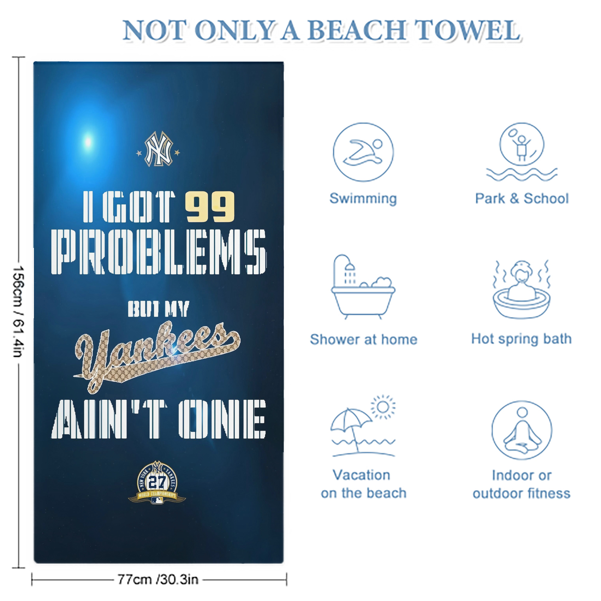 New York Yankees 140 Premium Microfiber Beach Towel – Soft, Large Size, Multi-Purpose For Beach, Picnic & Kids, Lightweight & Portable With Carry Bag, Easy Care