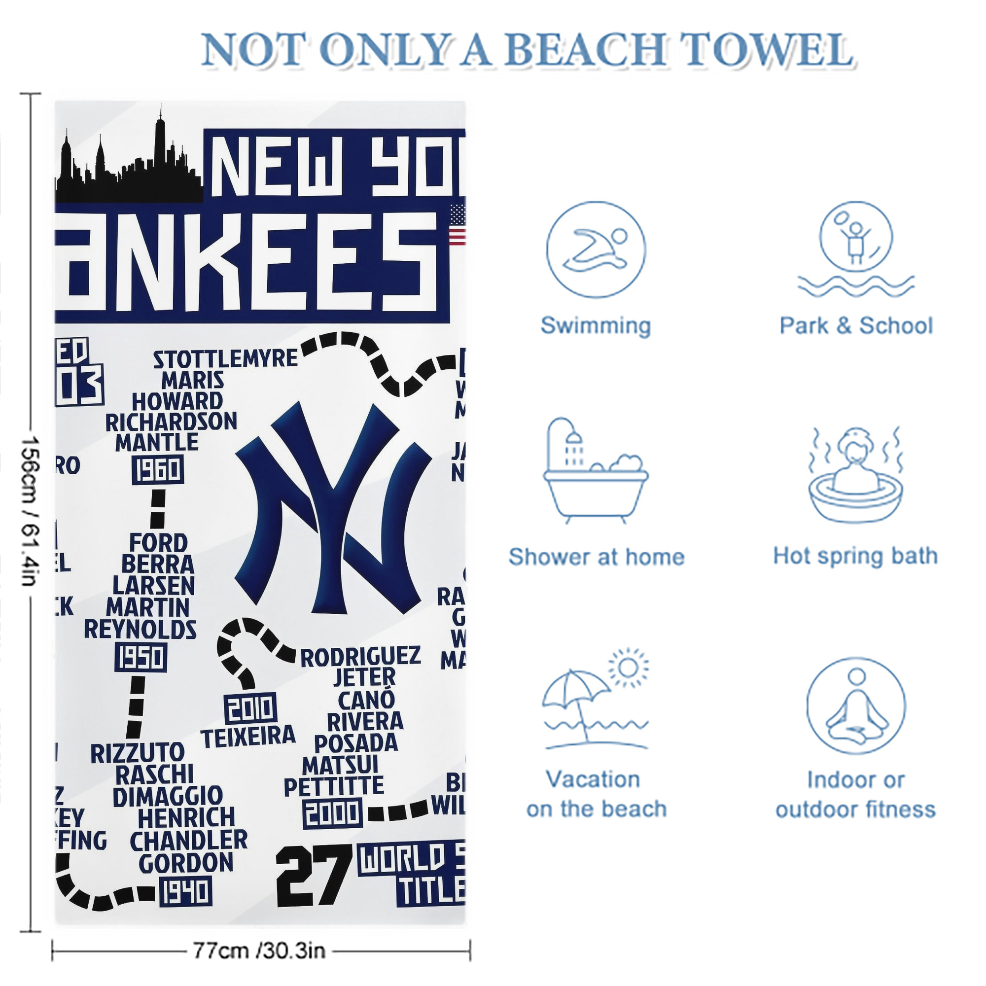 New York Yankees 155 Premium Microfiber Beach Towel – Soft, Large Size, Multi-Purpose For Beach, Picnic & Kids, Lightweight & Portable With Carry Bag, Easy Care