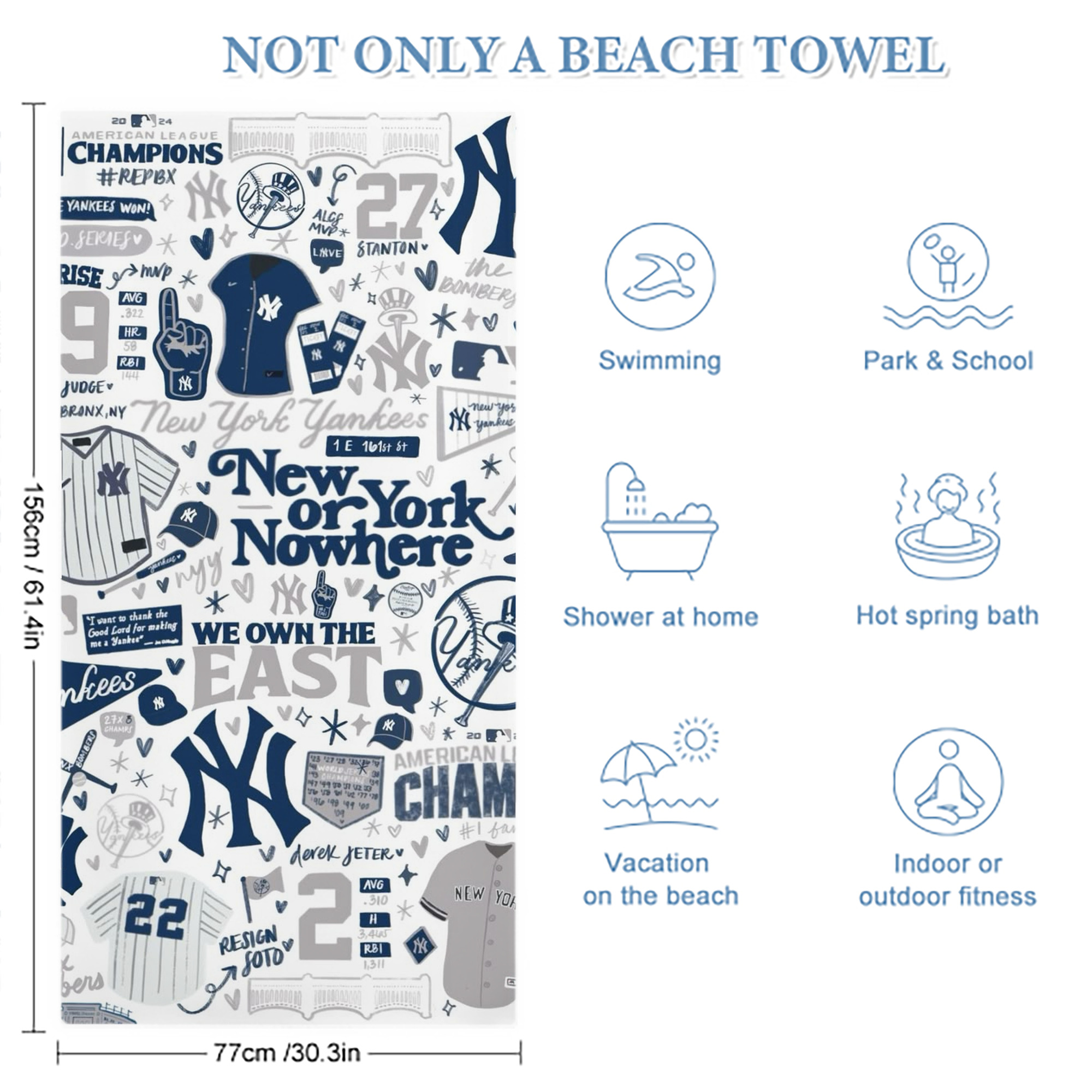 New York Yankees 113 Premium Microfiber Beach Towel – Soft, Large Size, Multi-Purpose For Beach, Picnic & Kids, Lightweight & Portable With Carry Bag, Easy Care