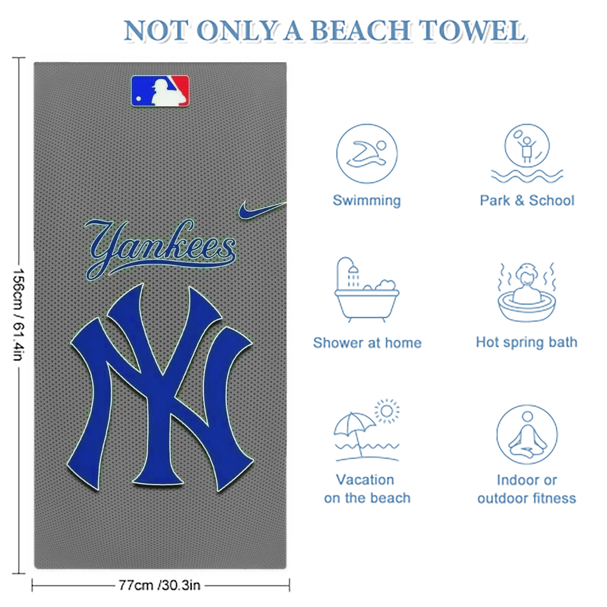 New York Yankees 180 Premium Microfiber Beach Towel – Soft, Large Size, Multi-Purpose For Beach, Picnic & Kids, Lightweight & Portable With Carry Bag, Easy Care