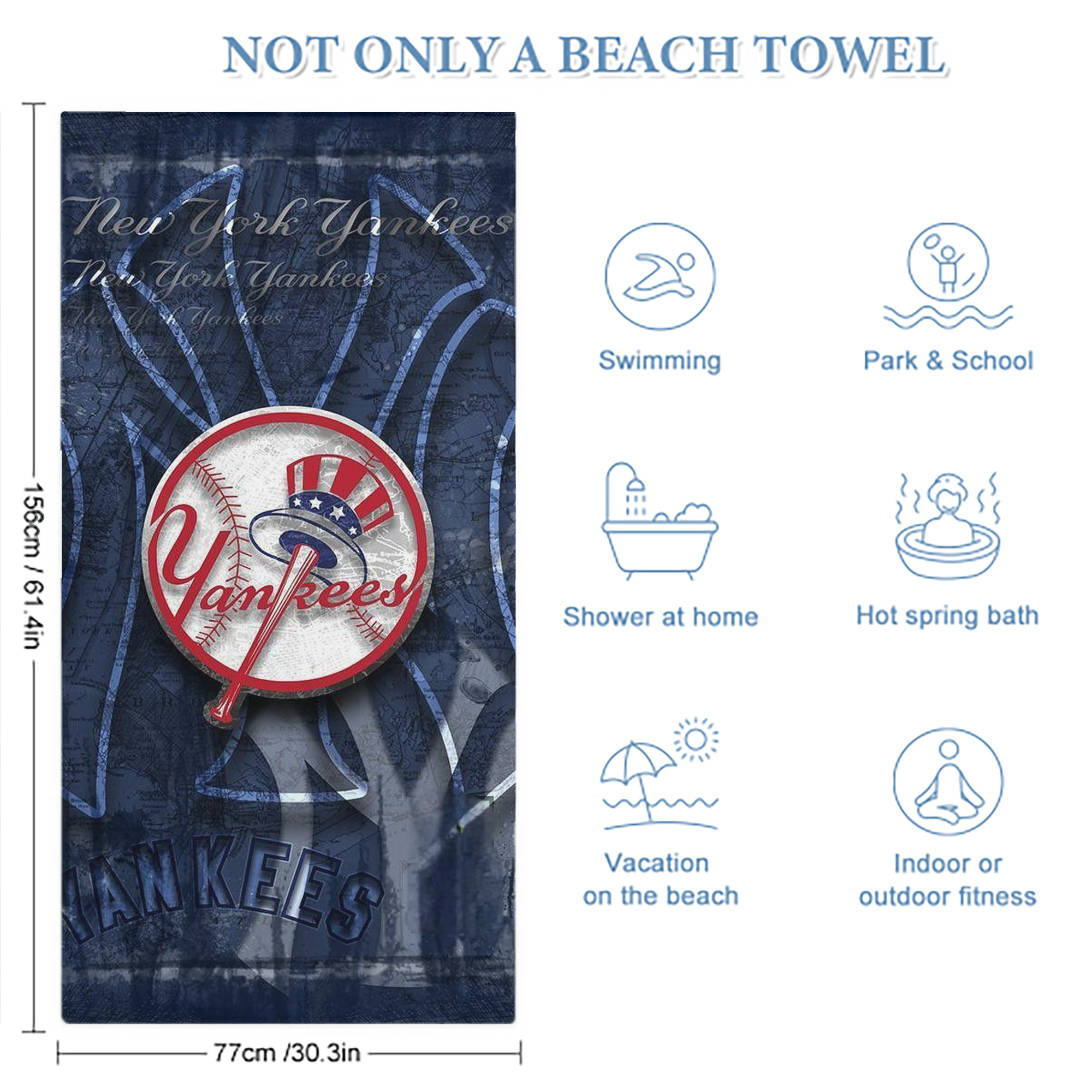 New York Yankees 190 Premium Microfiber Beach Towel – Soft, Large Size, Multi-Purpose For Beach, Picnic & Kids, Lightweight & Portable With Carry Bag, Easy Care