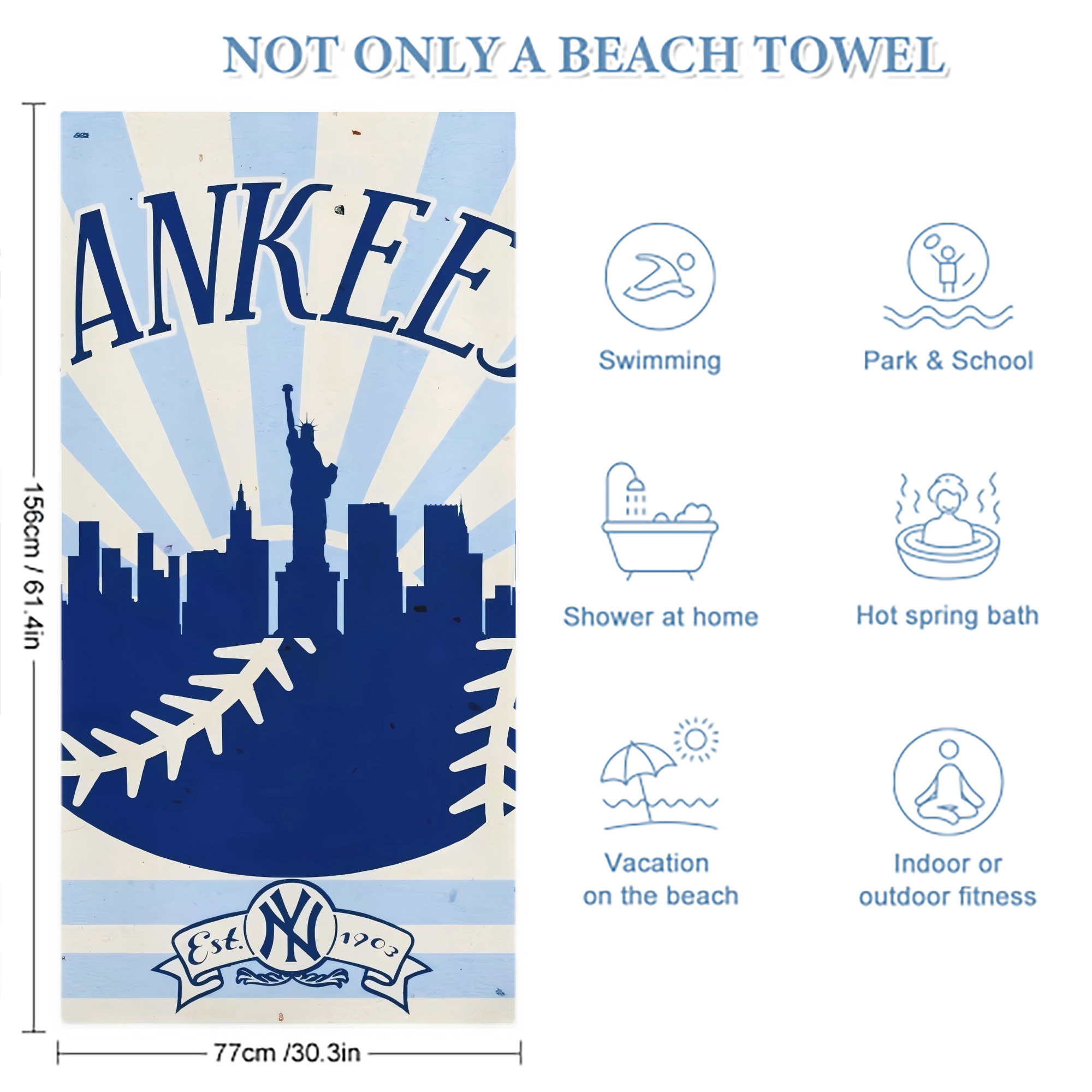 New York Yankees 143 Premium Microfiber Beach Towel – Soft, Large Size, Multi-Purpose For Beach, Picnic & Kids, Lightweight & Portable With Carry Bag, Easy Care