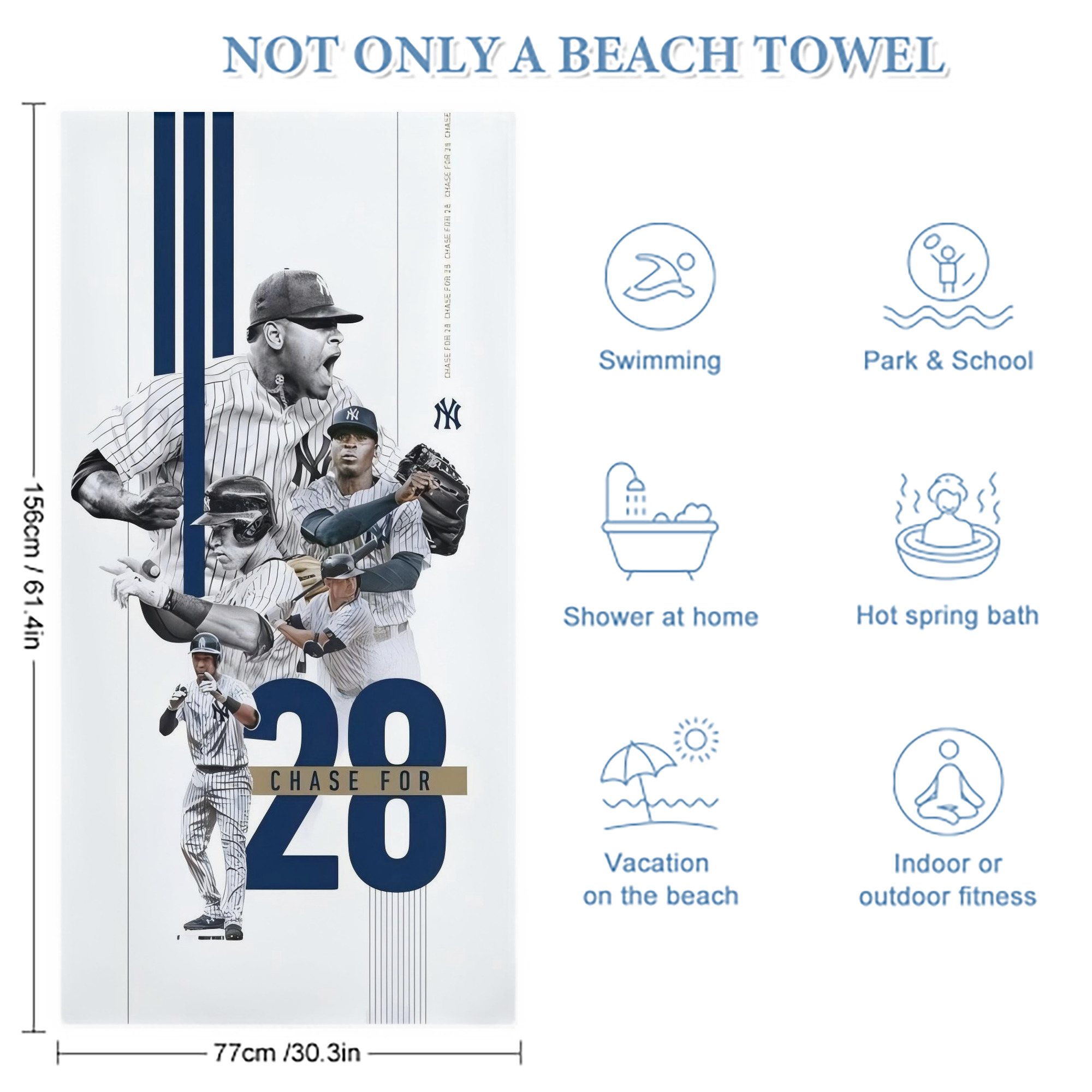 New York Yankees Chase For 28 Premium Microfiber Beach Towel – Soft, Large Size, Multi-Purpose For Beach, Picnic & Kids, Lightweight & Portable With Carry Bag, Easy Care