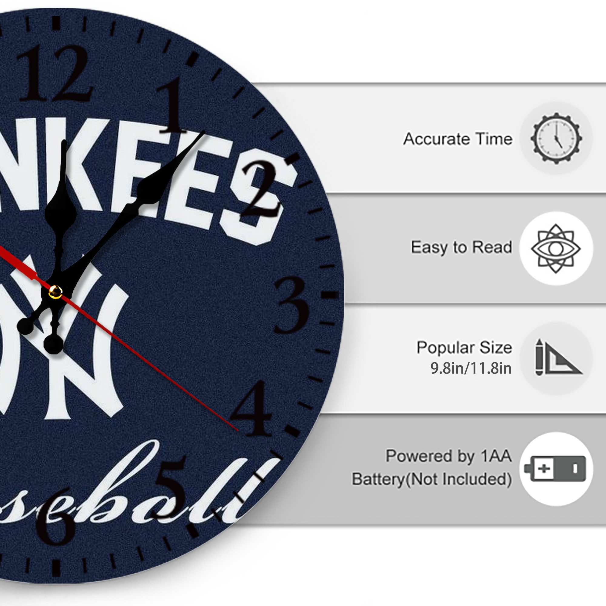 New York Yankees Baseball Silent Round Wall Clock – Modern & Stylish DIY Design, Durable Wood Construction, Easy To Install – Perfect For Office, Bedroom, Living Room, And More