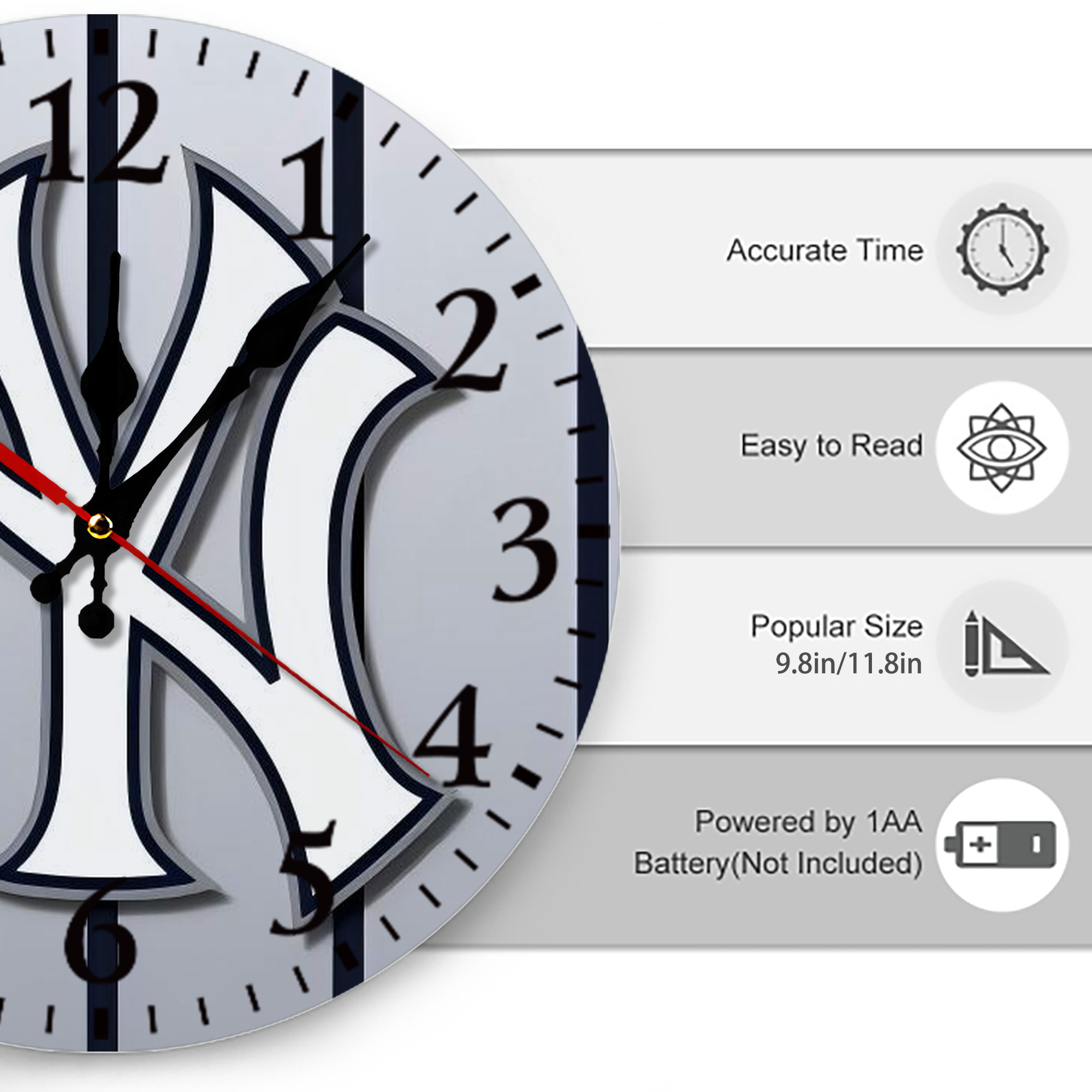 New York Yankees 118 Silent Round Wall Clock – Modern & Stylish DIY Design, Durable Wood Construction, Easy To Install – Perfect For Office, Bedroom, Living Room, And More