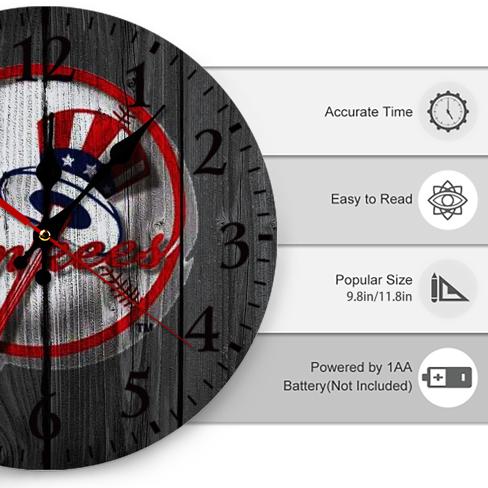 New York Yankees 131 Silent Round Wall Clock – Modern & Stylish DIY Design, Durable Wood Construction, Easy To Install – Perfect For Office, Bedroom, Living Room, And More