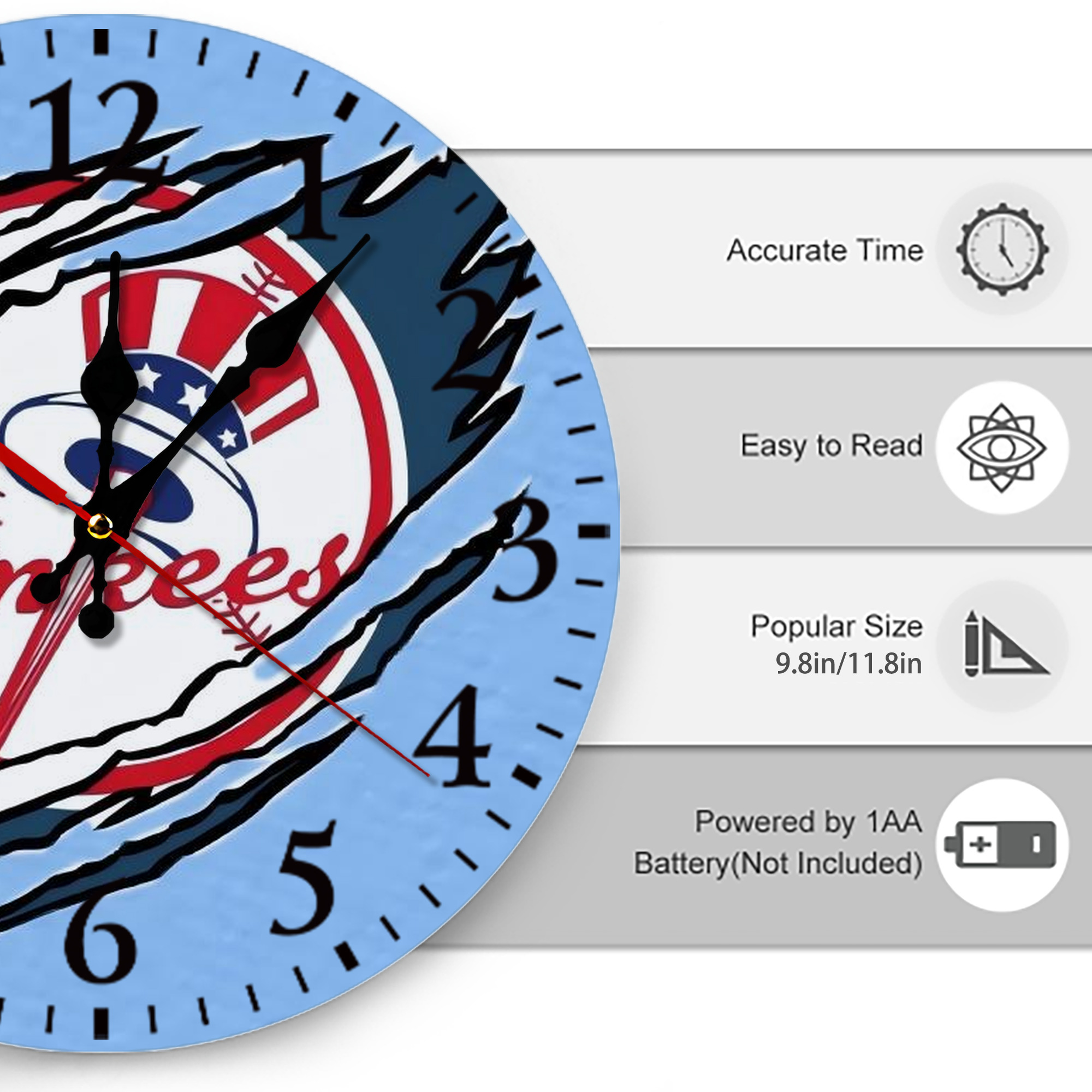 New York Yankees 128 Silent Round Wall Clock – Modern & Stylish DIY Design, Durable Wood Construction, Easy To Install – Perfect For Office, Bedroom, Living Room, And More